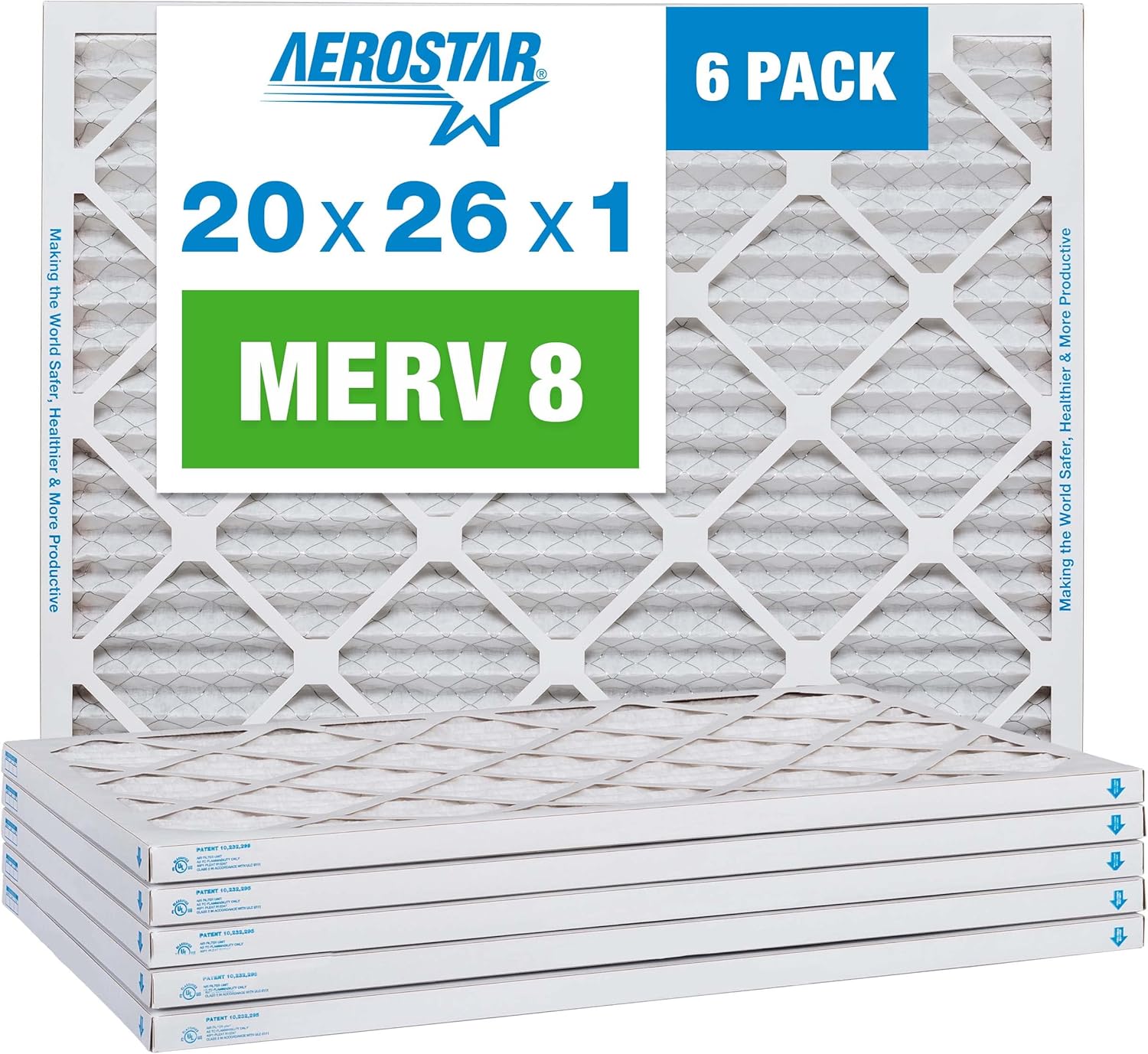 Aerostar 20x26x1 MERV 8 Pleated Air Filter, AC Furnace Air Filter, 6 Pack (Actual Size: 20" x 26" x