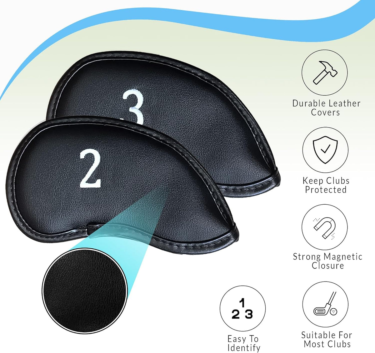 Premium Magnetic Leather Iron and Wedge Golf Club Head Covers | Set of 10 | Fits Most Clubs |