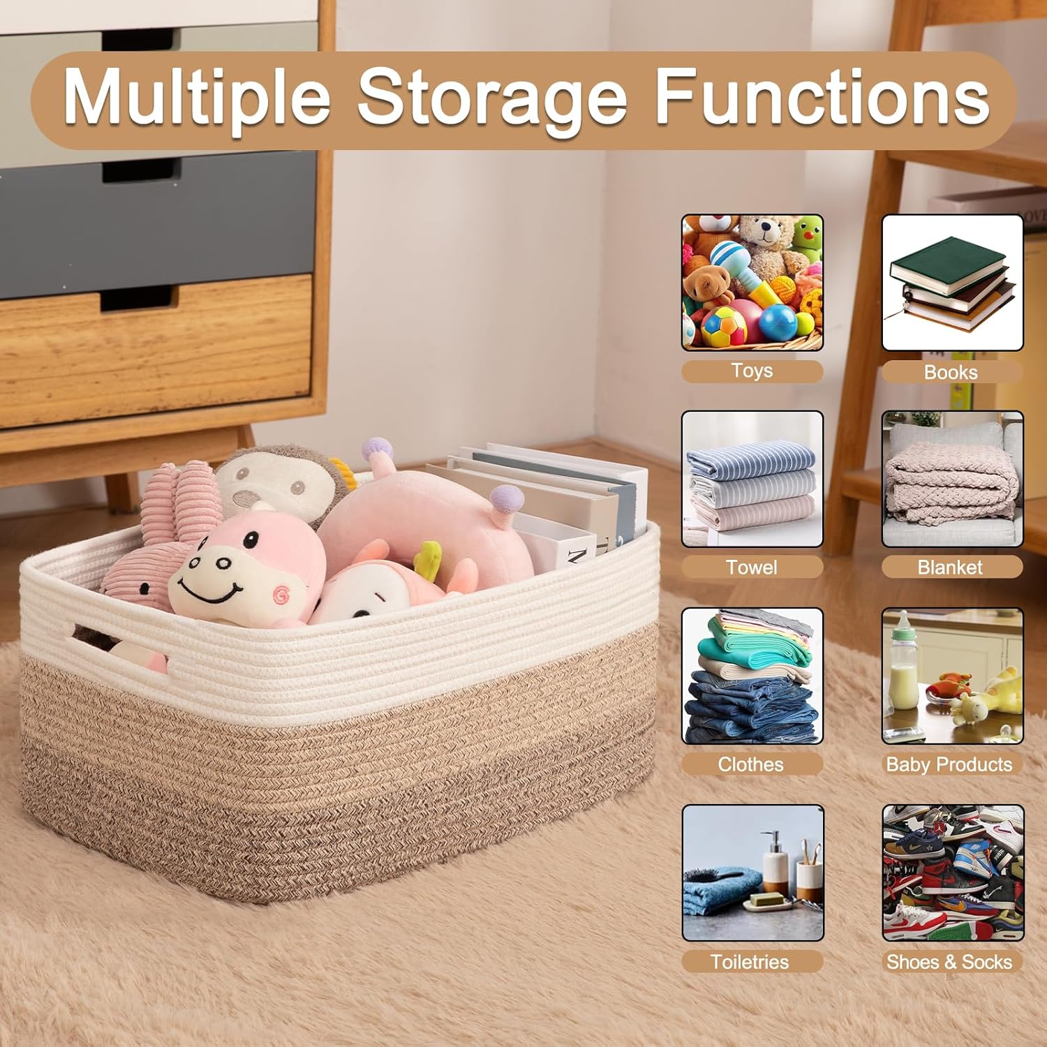 Large Storage Basket for Organizing, Woven Rope Basket for Shelves, Closet Organizer Bins for