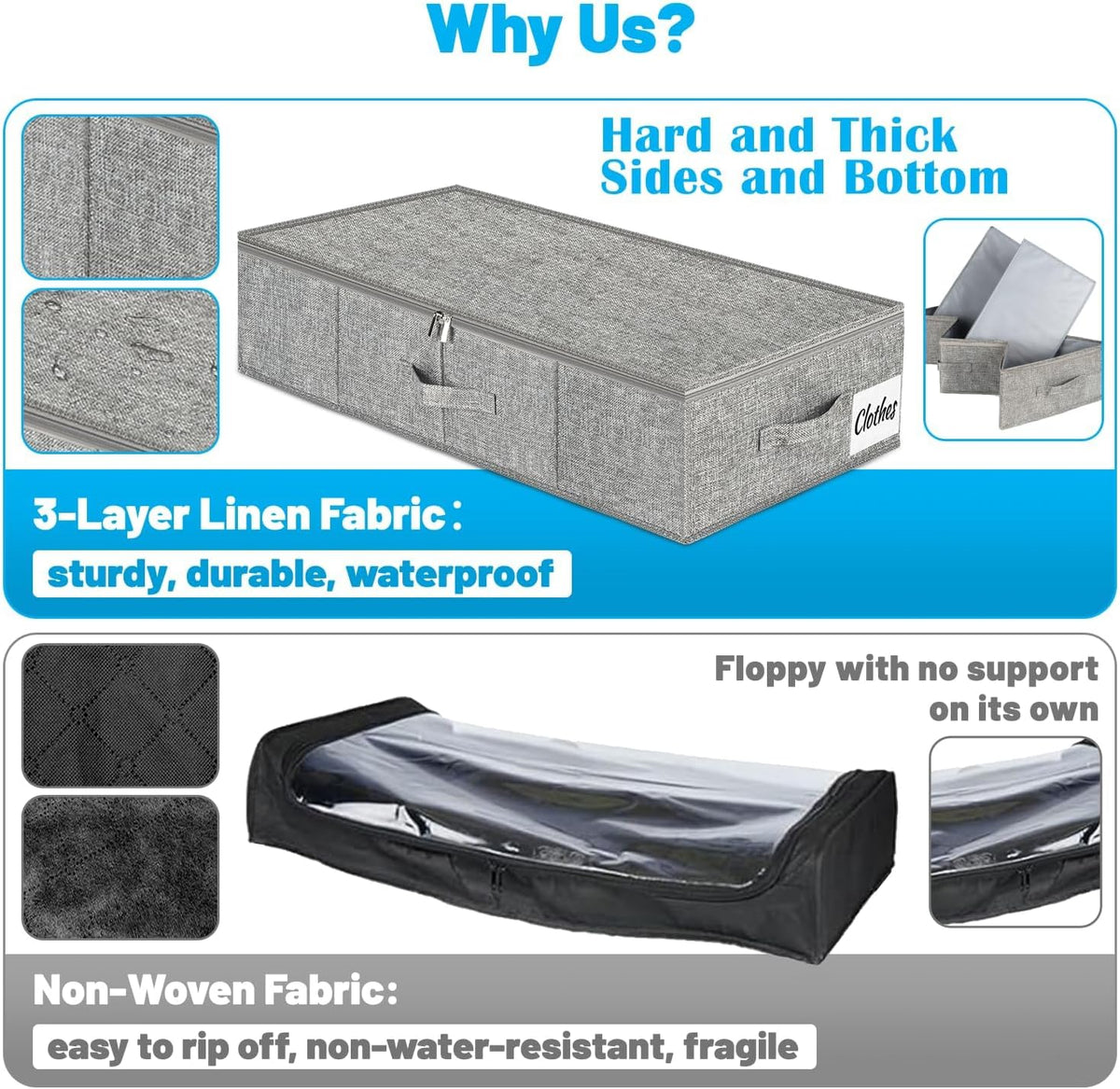 Under Bed Storage Container Bins 2 Pack, Low Profile Foldable Underbed Clothes Storage Organizer W/