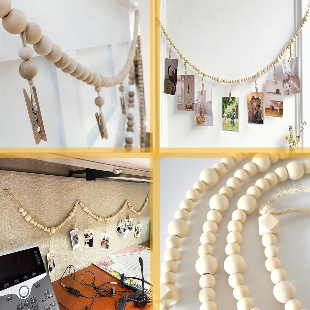 8 Feet Wooden Beads Garland with Clothespins Picture Cards Holder - Country Farmhouse Christmas