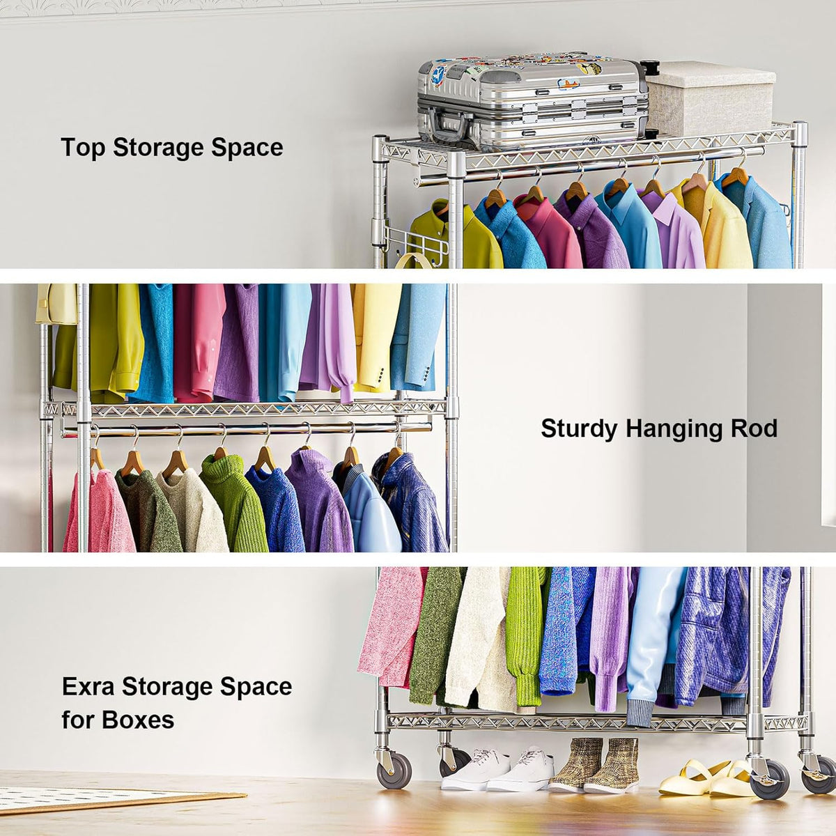 Heavy Duty Rolling Garment Rack 3 Tiers Adjustable Wire Shelving Clothes Rack with 2 Rods and Side