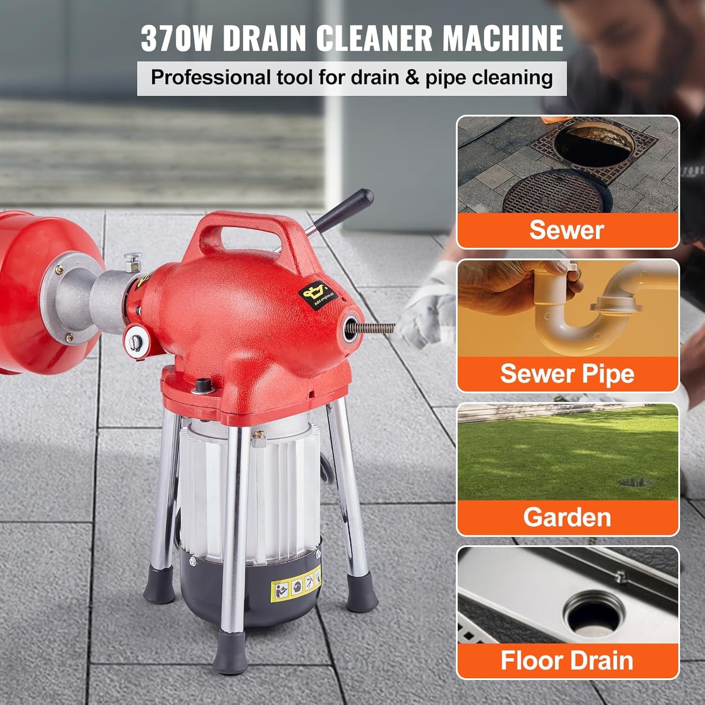 VEVOR Drain Cleaner Machine 120FT x 5/8 Inch, 370W Electric Sewer Snake Auger with 2 Sectional