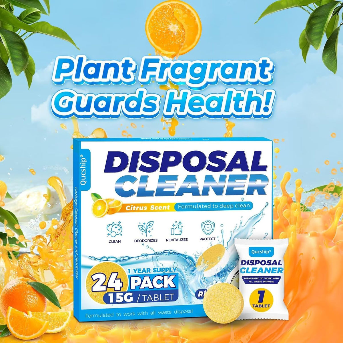 Qucship Powerful XXL Foaming Garbage Disposal Cleaner and Deodorizer Tablets - 24 Pack, Citrus
