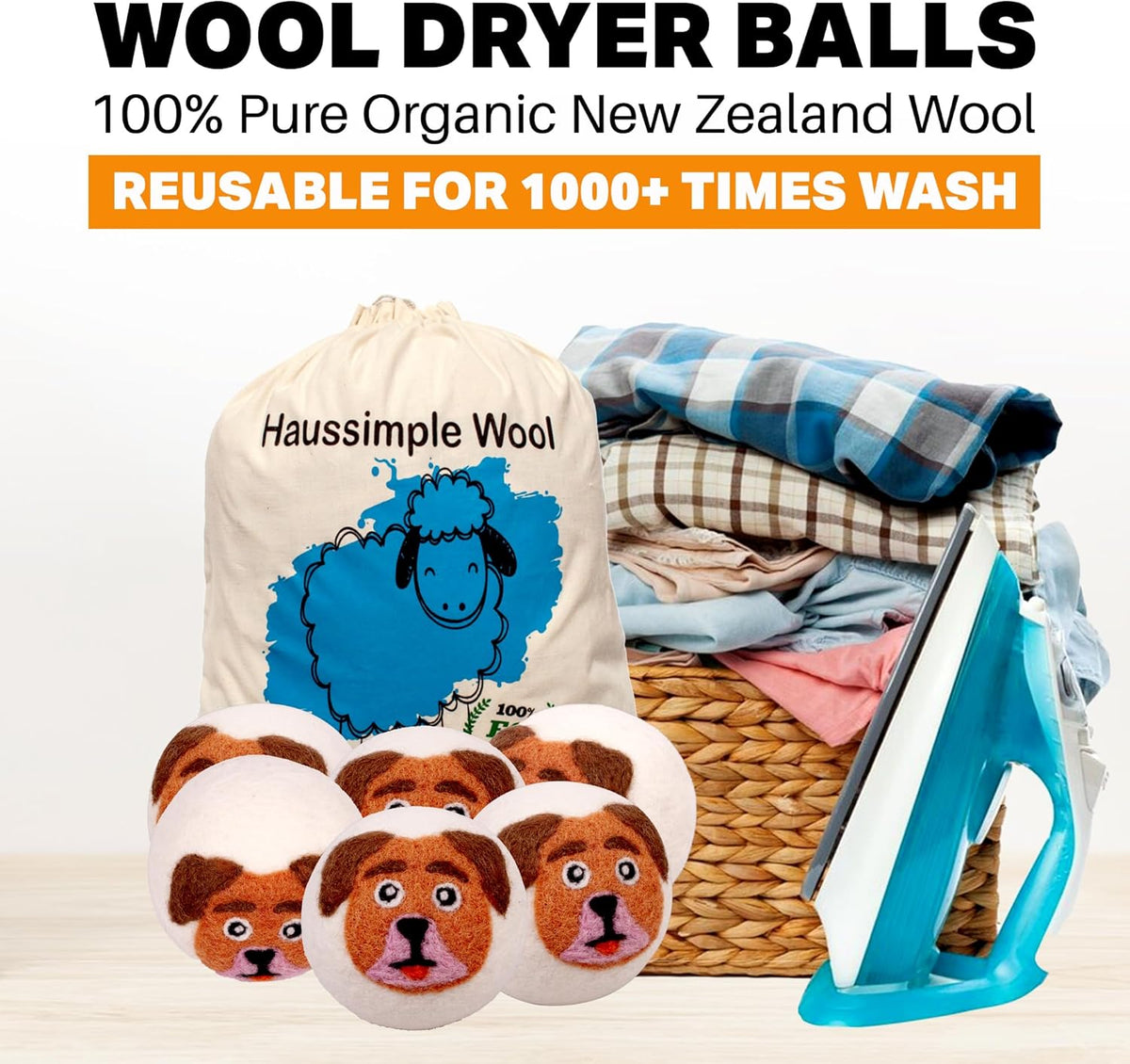 Wool Dryer Balls Organic Felt 6 Pack Laundry Fabric Softener, Extra Large Reusable Handmade Natural