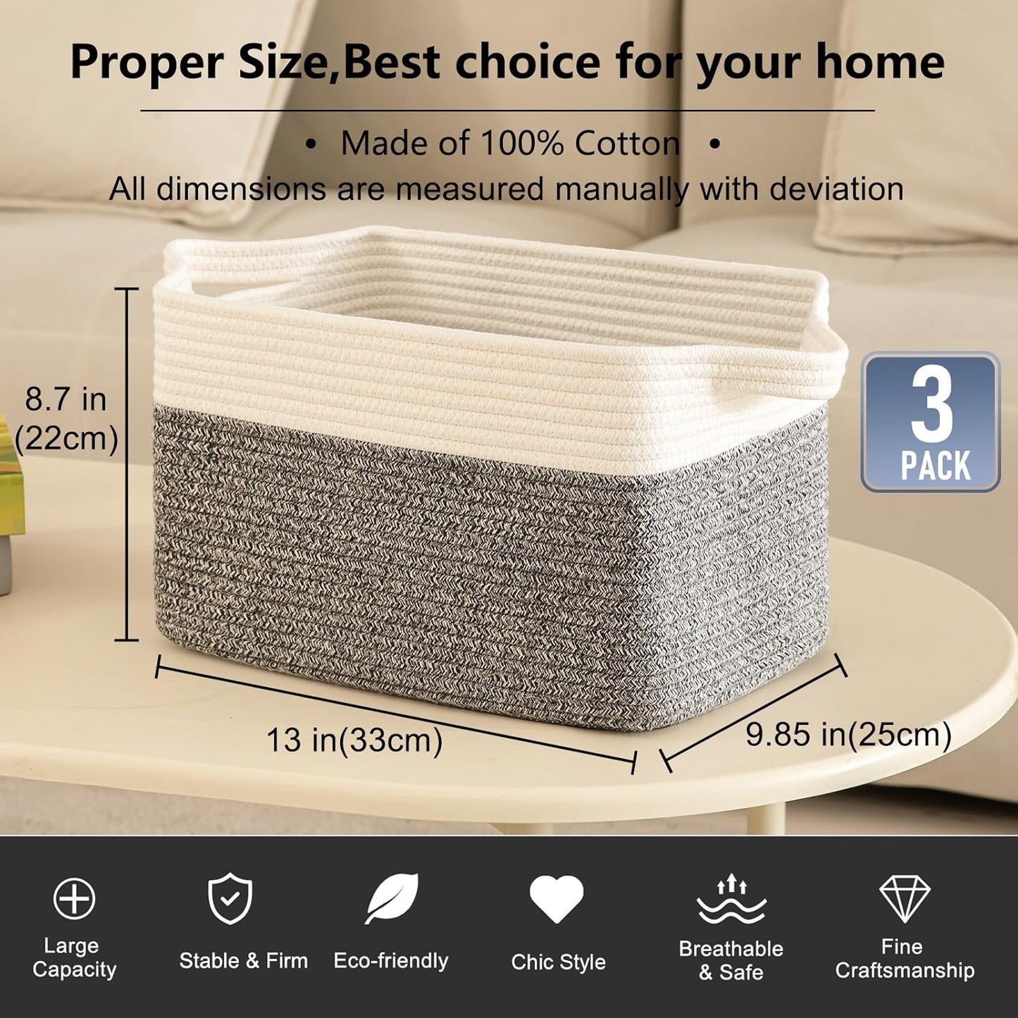 OIAHOMY 3 Pack Storage Basket for Organizing, 13''X9.85''X8.7'' Woven Storage Bins with Handles