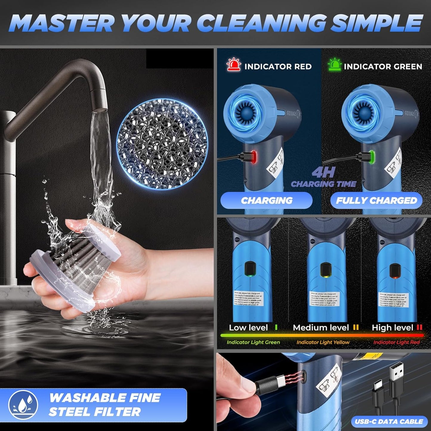 Saker Portable Car Vacuum Cleaner Cordless High Power 17000PA 3 in 1 Foldable Handheld Vacuum
