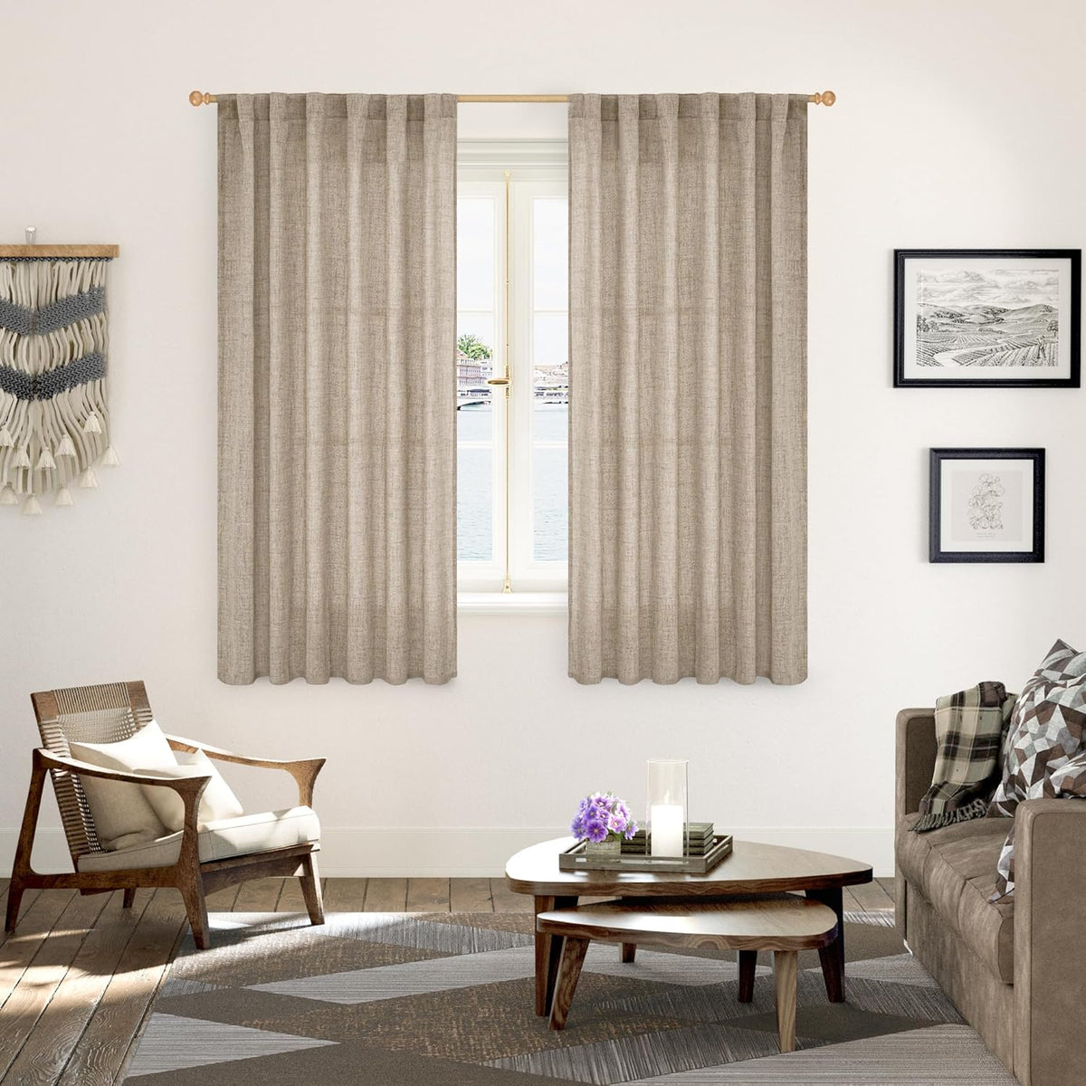 YoungsTex Dark Oatmeal Curtains 63 Inches Long for Living Room Window, Linen Semi Sheer Drapes