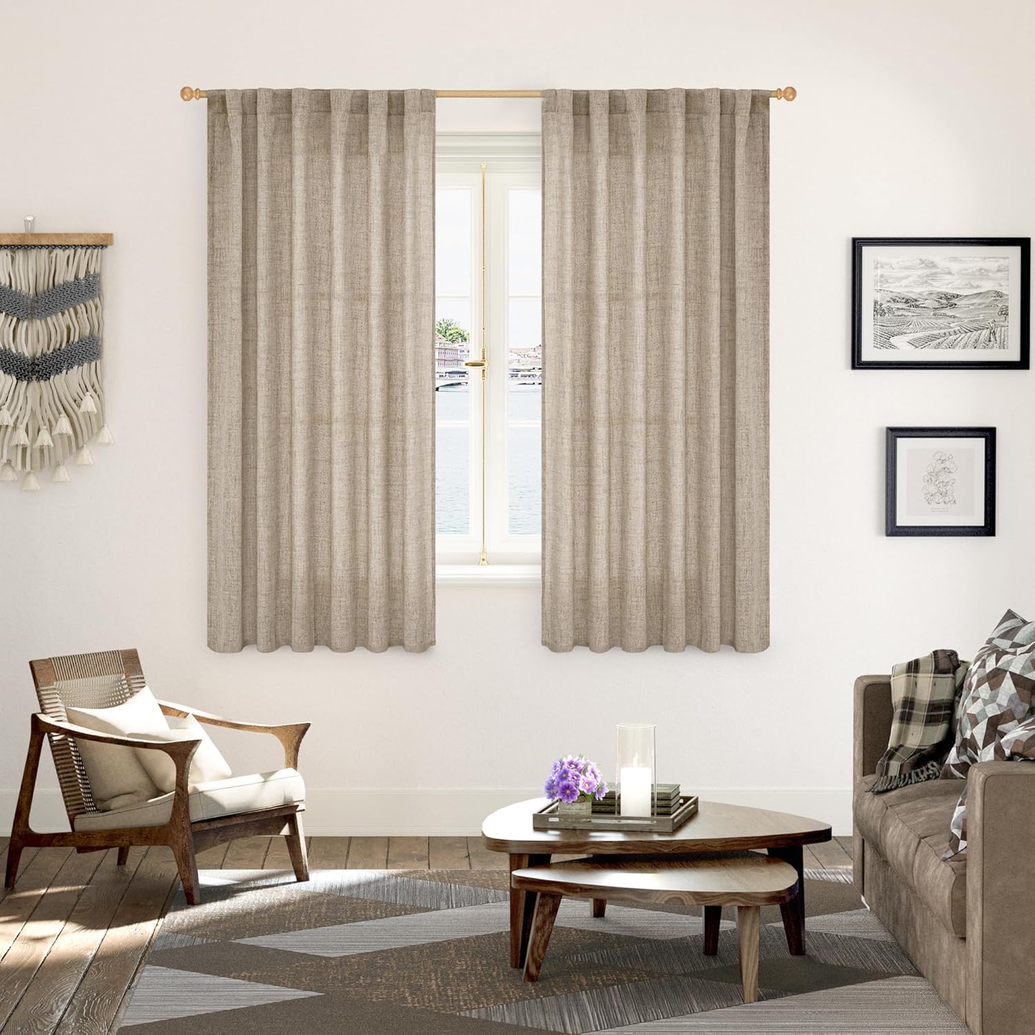 YoungsTex Dark Oatmeal Curtains 63 Inches Long for Living Room Window, Linen Semi Sheer Drapes