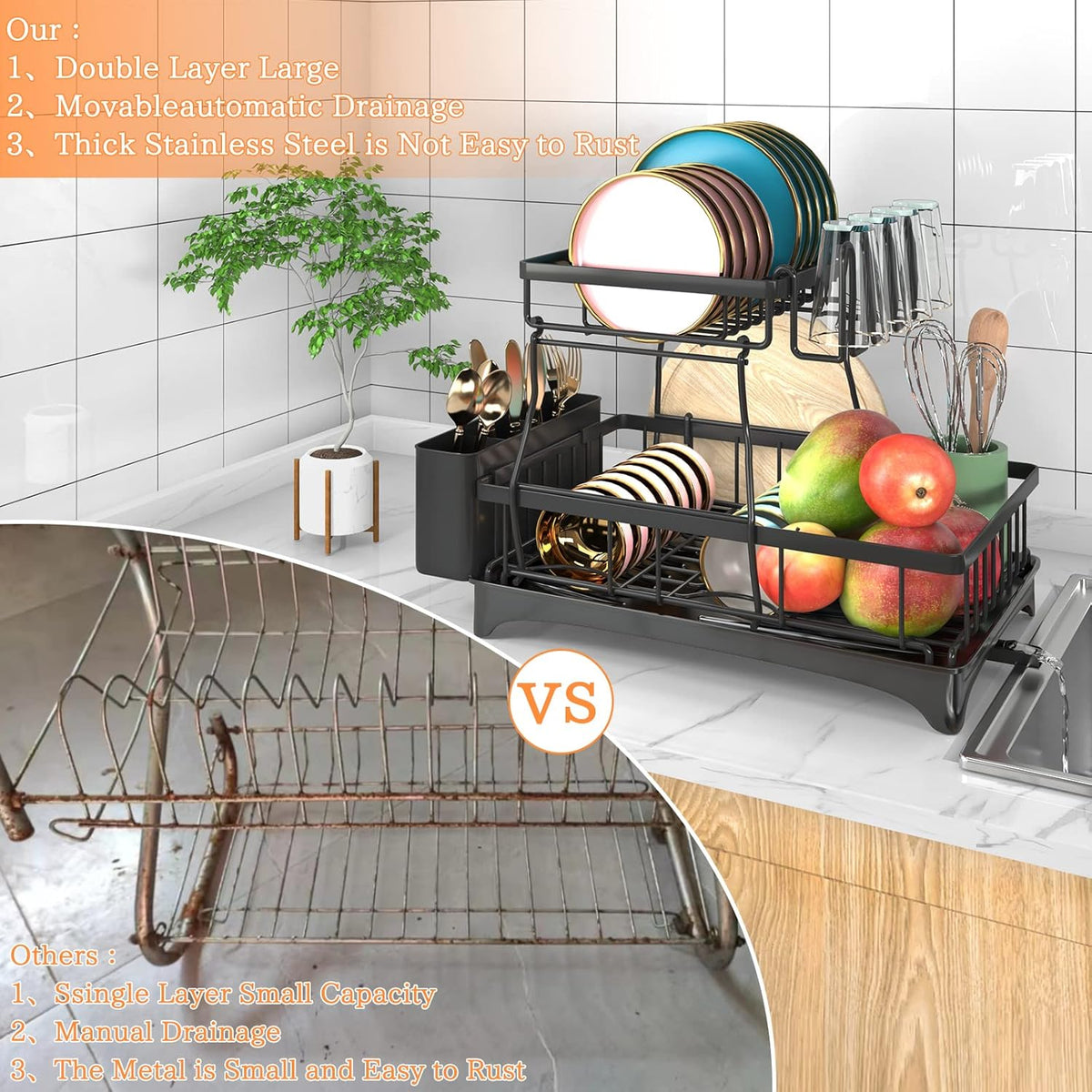 Godboat Dish Drying Rack, 2-Tier Dish Rack with Auto-Drain & Mat, Dish Racks for Kitchen Counter