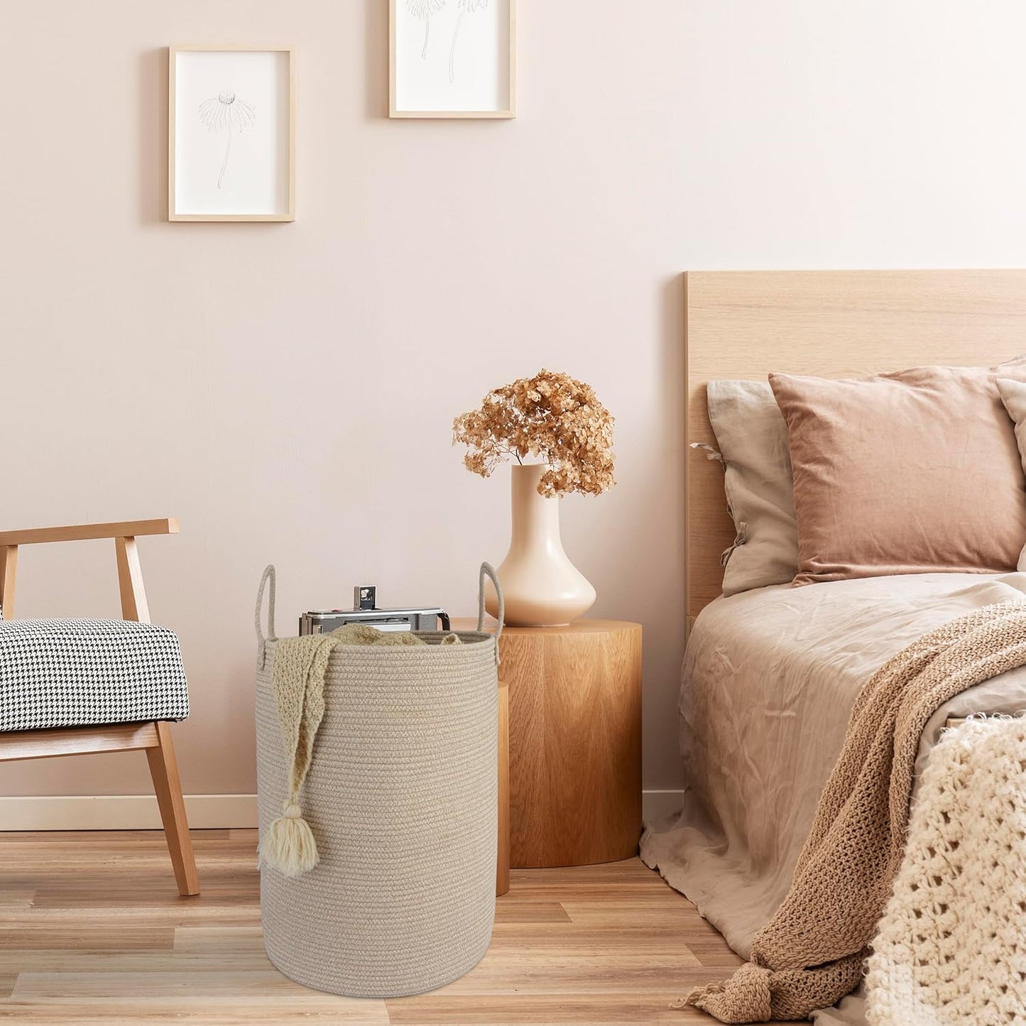 Cotton Rope Laundry Basket Hamper for Clothes Woven Storage Basket for Living Room Bedroom Boho