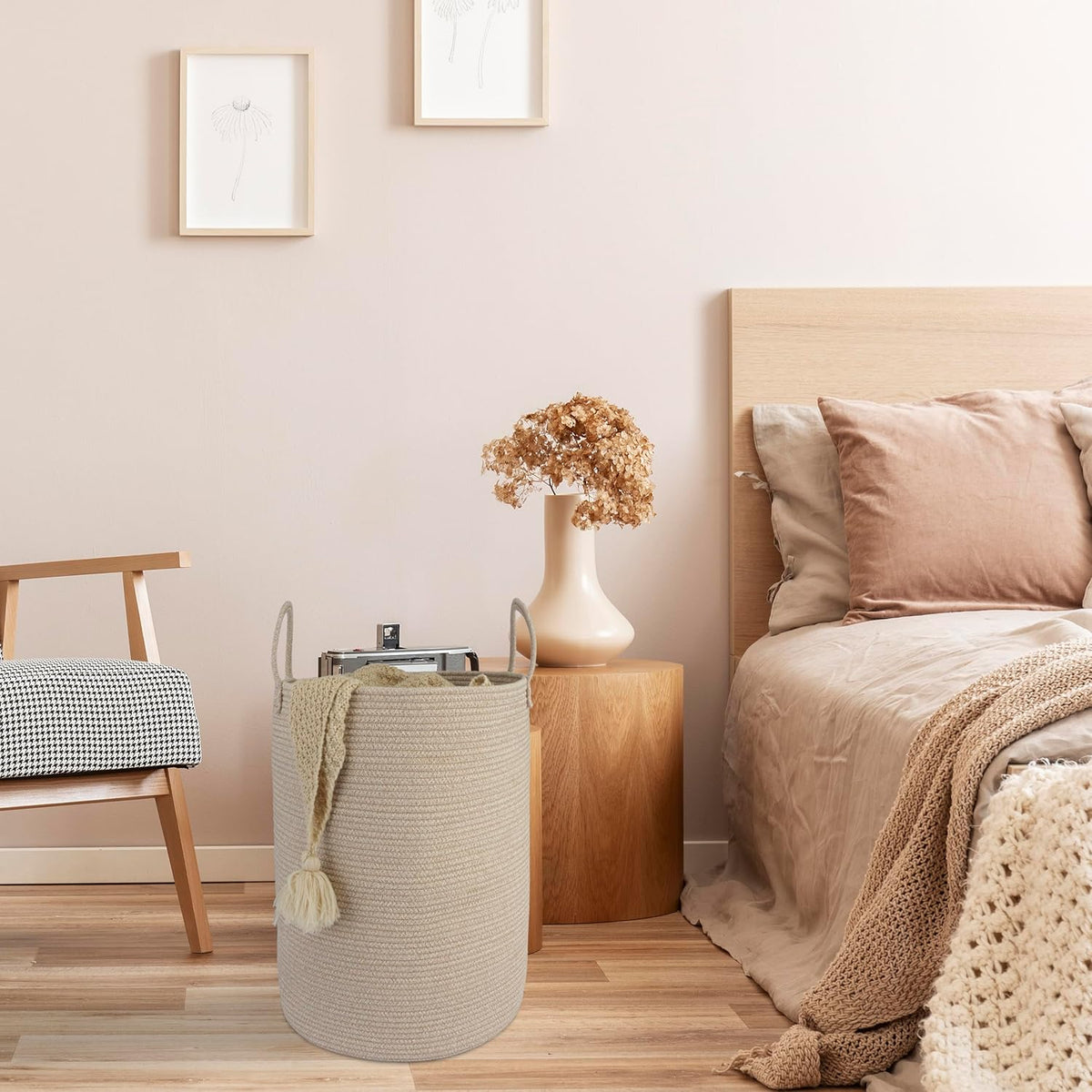 Cotton Rope Laundry Basket Hamper for Clothes Woven Storage Basket for Living Room Bedroom Boho