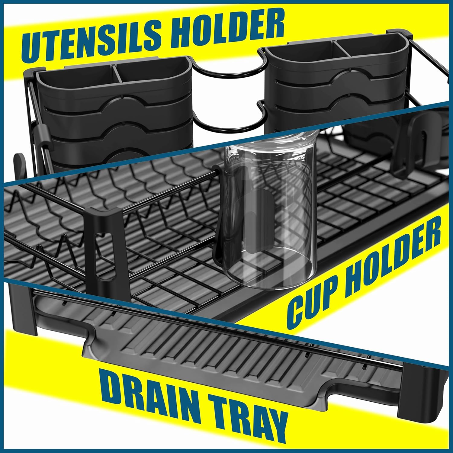SIMPLE HOUSEWARE Dish Drying Rack with Drainboard, Utensil Holder & Mug Hooks, Black Metal Kitchen