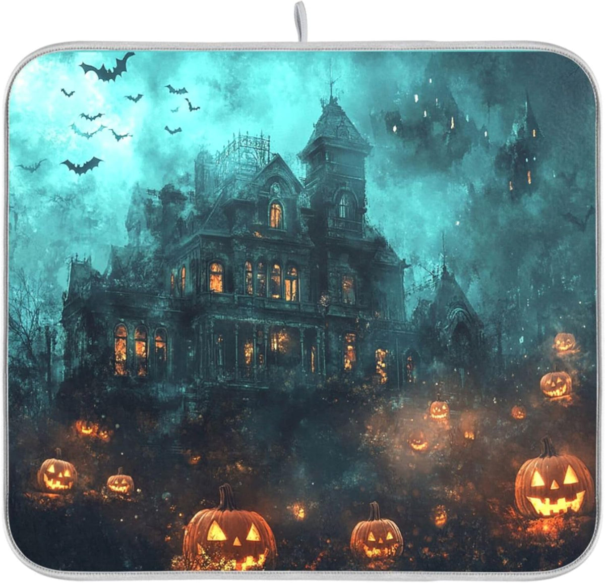 Halloween Castle Dish Drying Mat for Kitchen Countertop 16x18 Spooky Witch Pumpkin Lantern Small