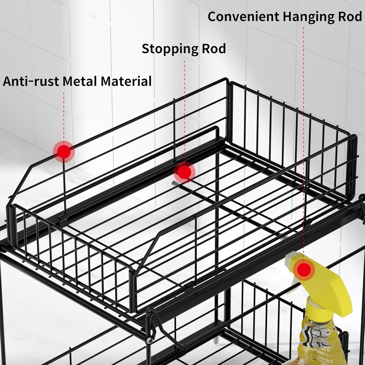 SUEH DESIGN Under Sink Organizers and Storage, 2 Tier Metal Under Sink Storage with Hanging Rail