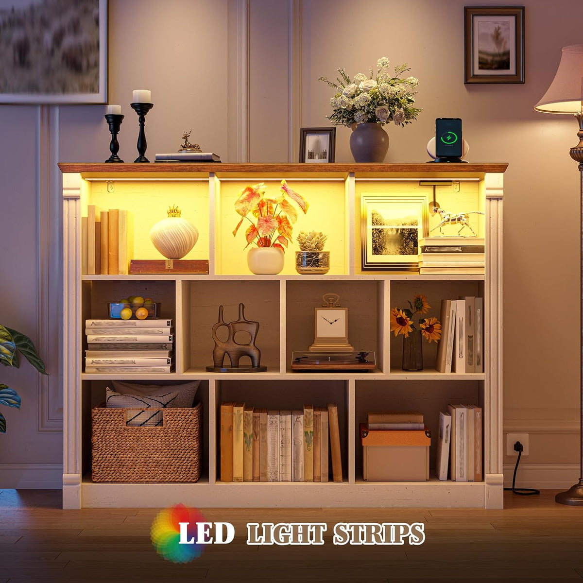 EnHomee 10 Cube Storage Organizer with LED Light and Charging Station Wood Cube Shelf White