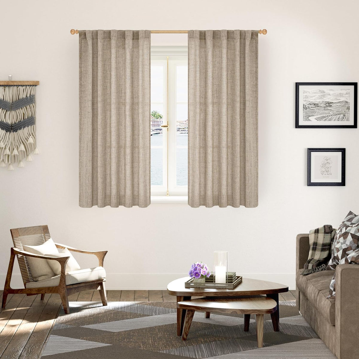 YoungsTex Dark Oatmeal Linen Curtains 48 Inch Length for Short Kitchen Window, Textured Semi Sheer