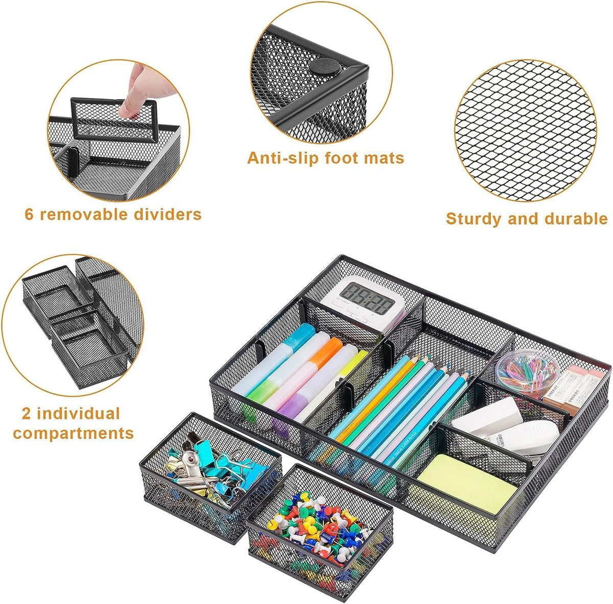 Marbrasse 3 Pack Desk Drawer Organizers with 9 Adjustable Compartments for Makeup, Office Supplies
