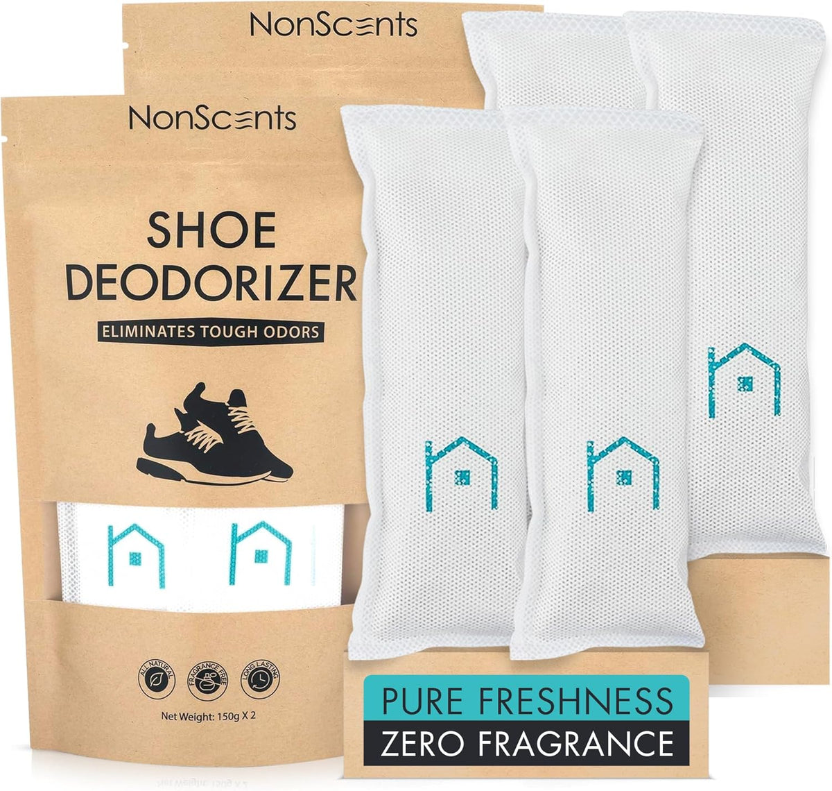 NonScents Shoe Deodorizer 2-Pack (4 Count) - Odor Eliminator, Air Freshener, Smell Absorber, Scent
