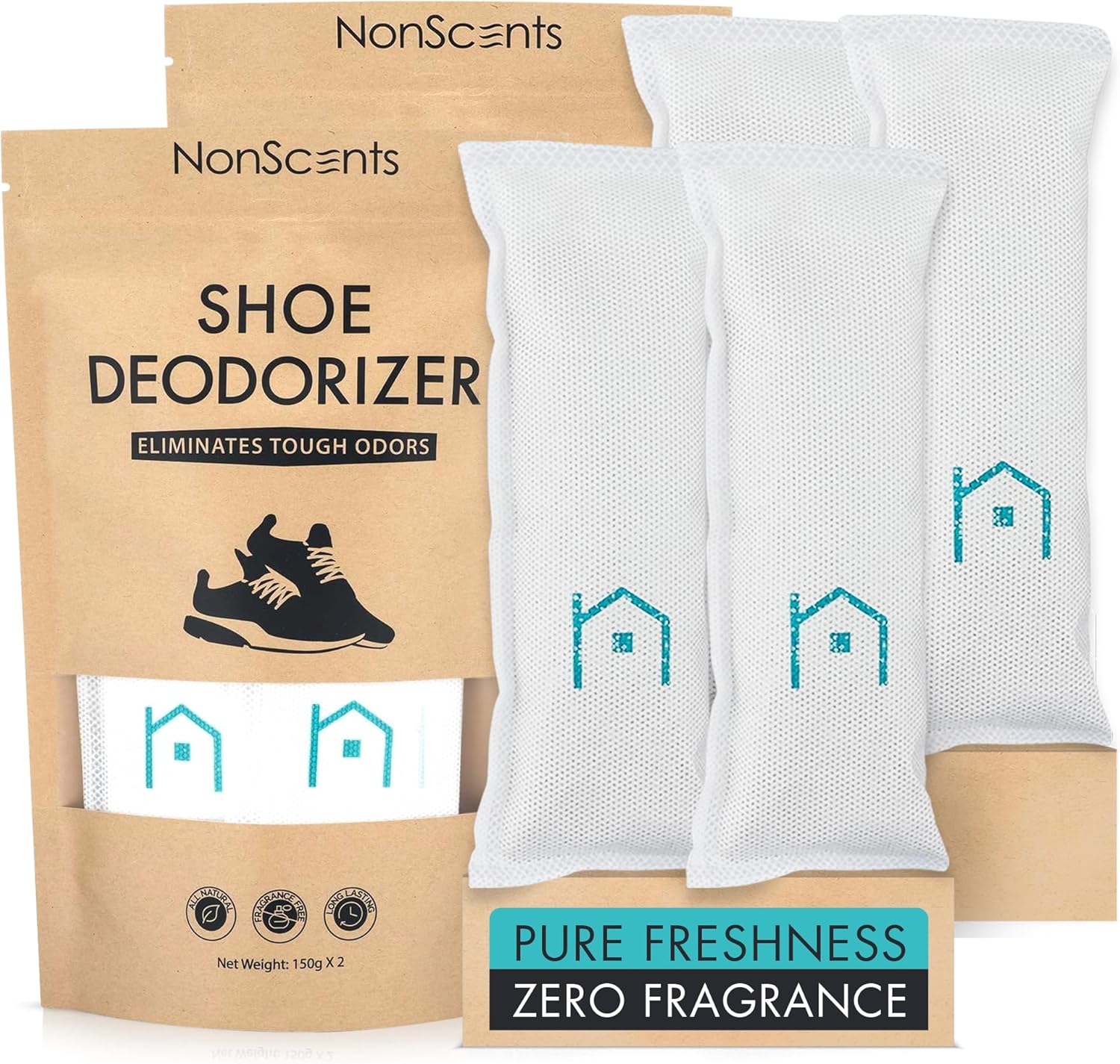 NonScents Shoe Deodorizer 2-Pack (4 Count) - Odor Eliminator, Air Freshener, Smell Absorber, Scent