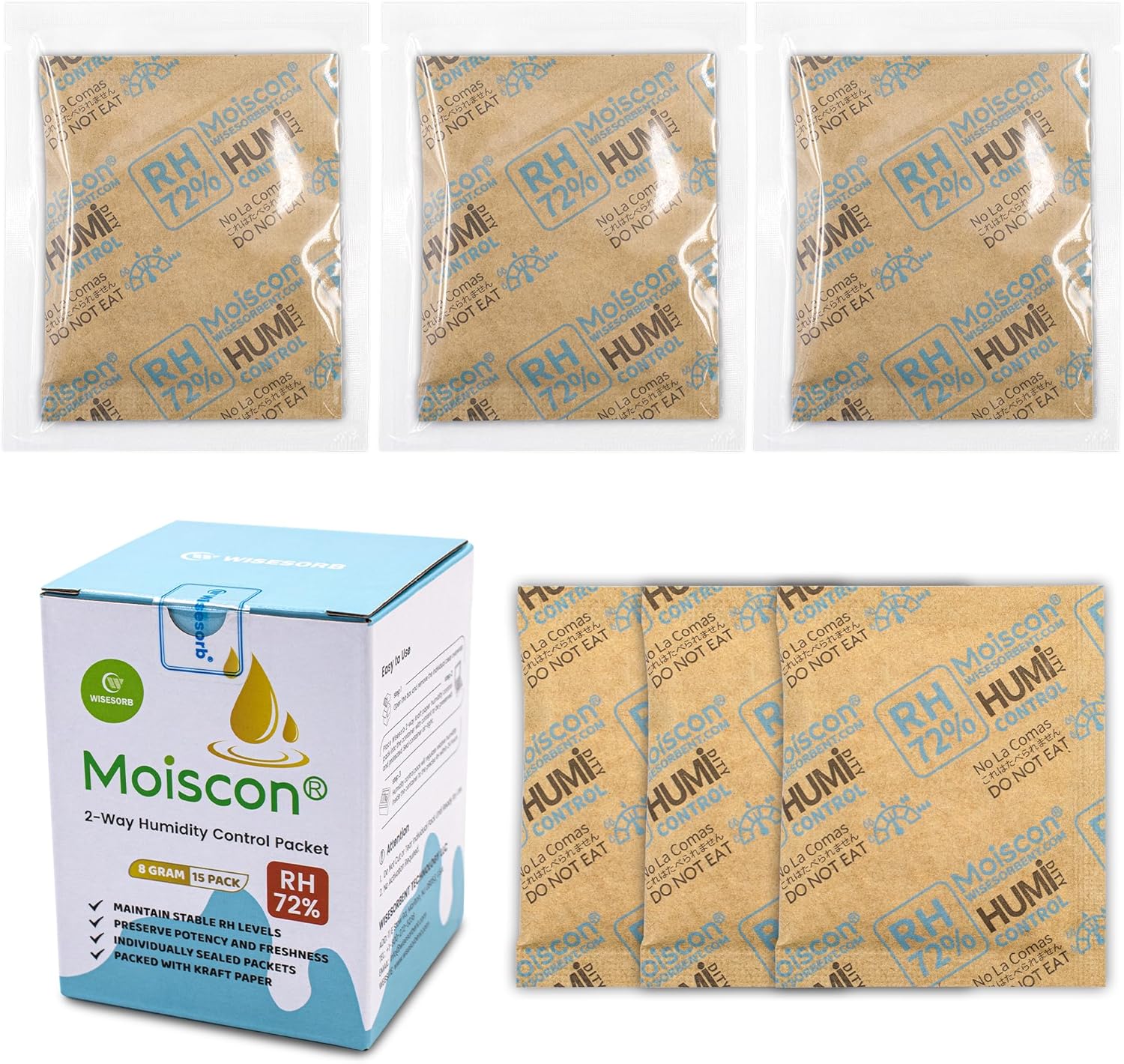 72% Two-Way Humidity Control Packs- 8 Gram Moisture Absorbers for Herbs, Wood Humidifier Boxes