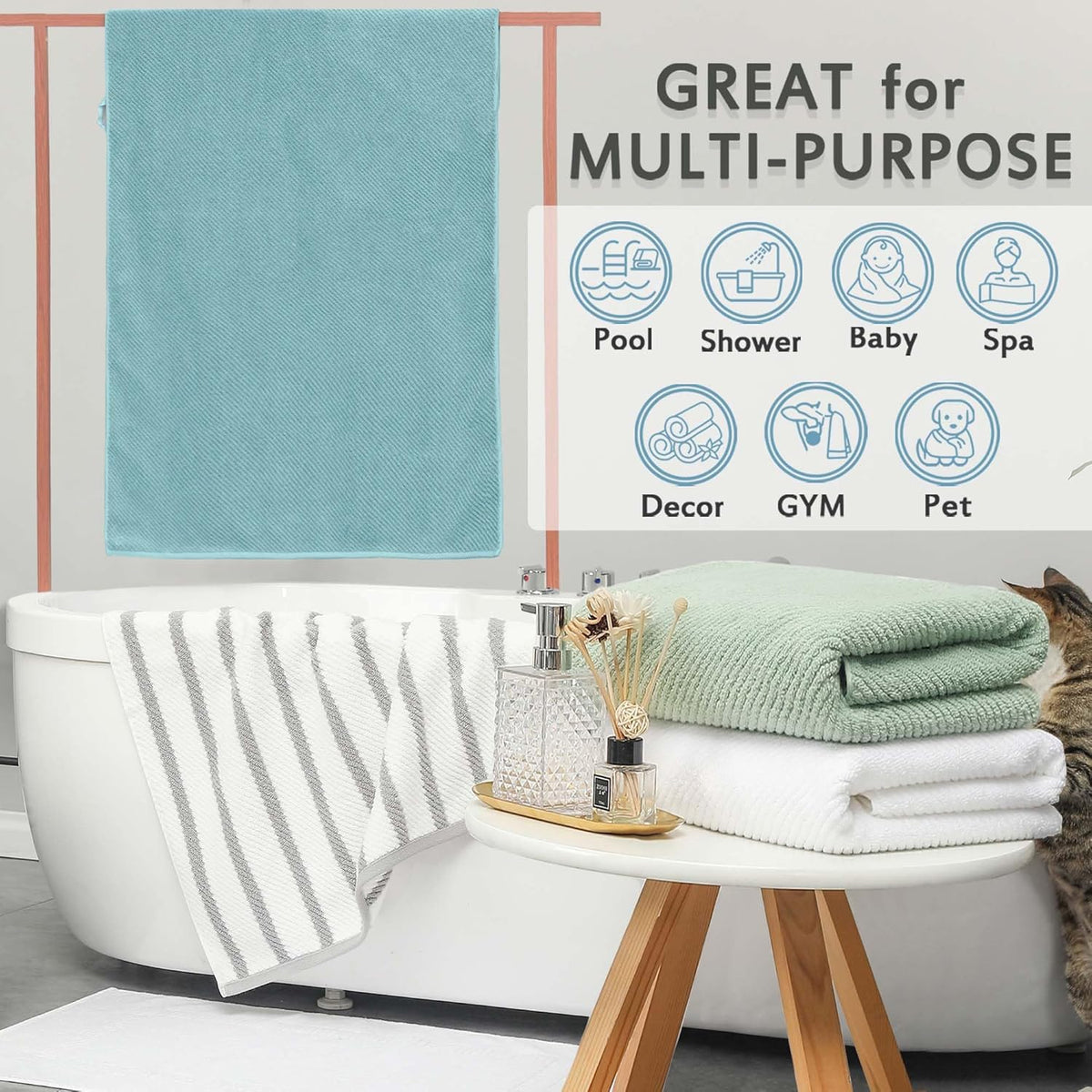 VOOVA & MOVAS Grey Bath Towels (4PC, Large 30"x56") - 100% Cotton | Quick Dry | Light Weight |
