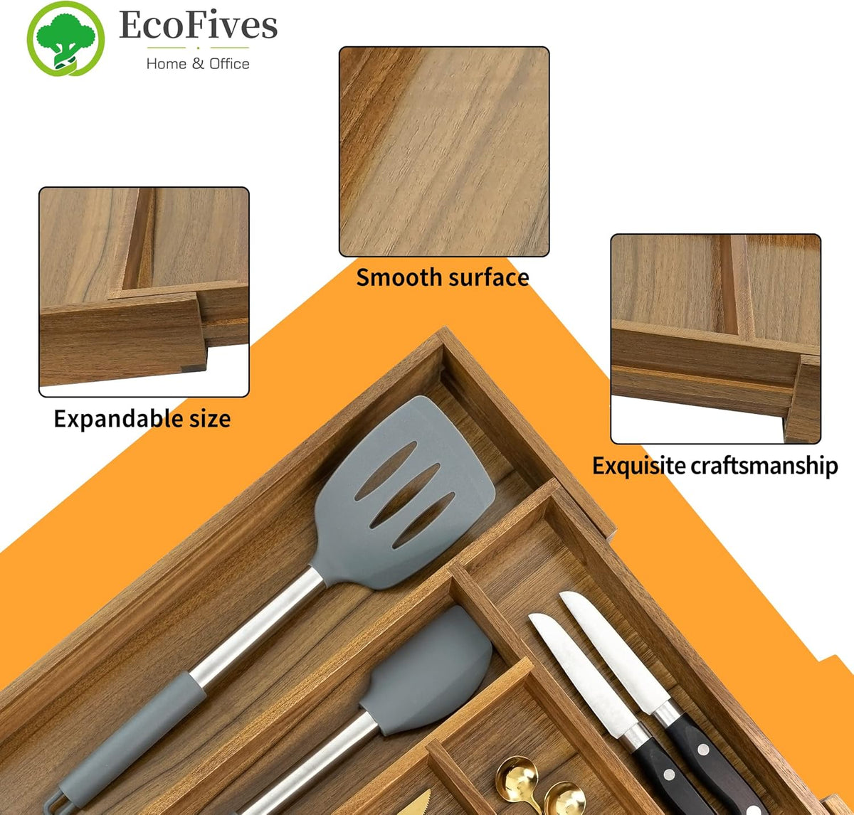 Luxury Acacia Kitchen Drawer Organizer - Silverware Organizer - Utensil Holder and Cutlery Tray