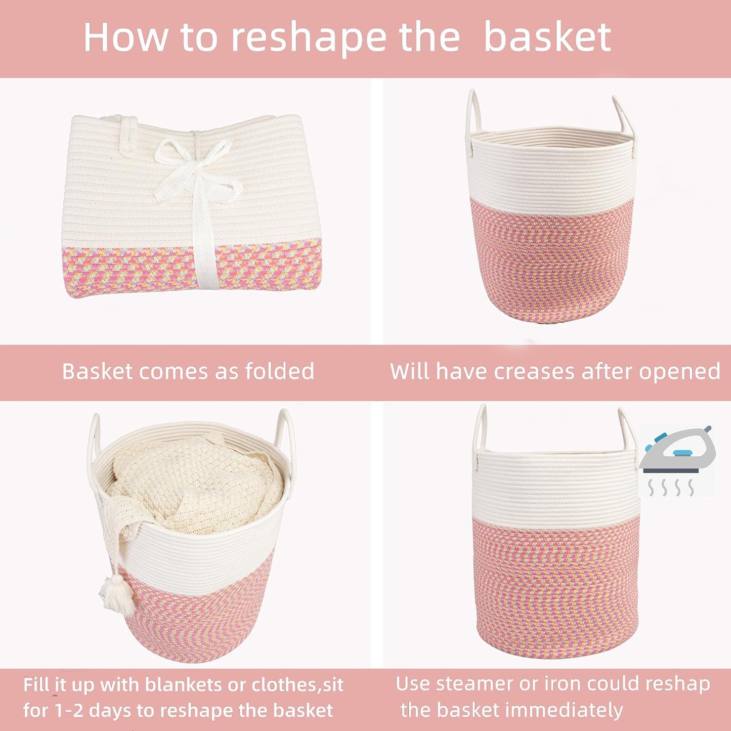Cotton Rope Laundry Basket Hamper for Clothes Woven Storage Basket for Living Room Bedroom Boho