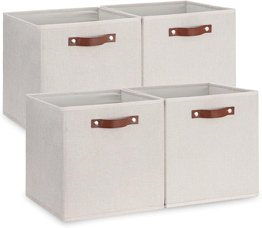 Temary Fabric Storage Cubes Storage Bins with Dual Leather Handles, 4 Pack Cube Baskets 13x13