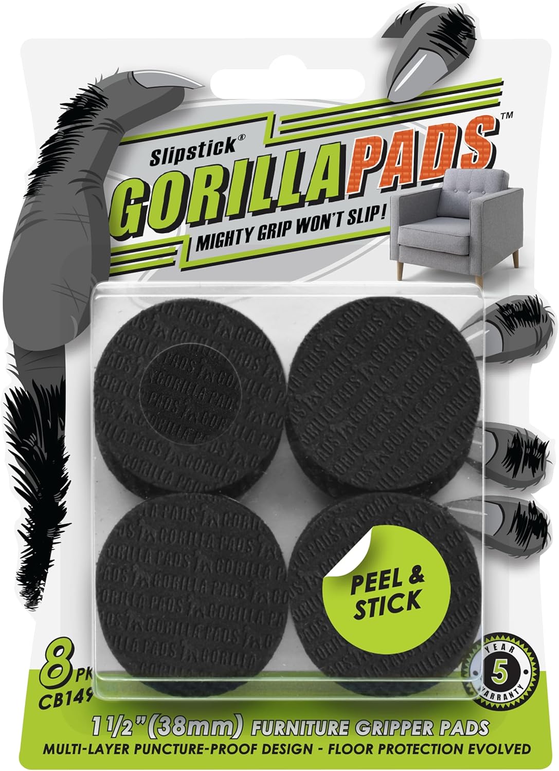 Slipstick GorillaPads CB149 Non-Slip Furniture Pads/Rubber Grippers (Set of 8) Self-Adhesive
