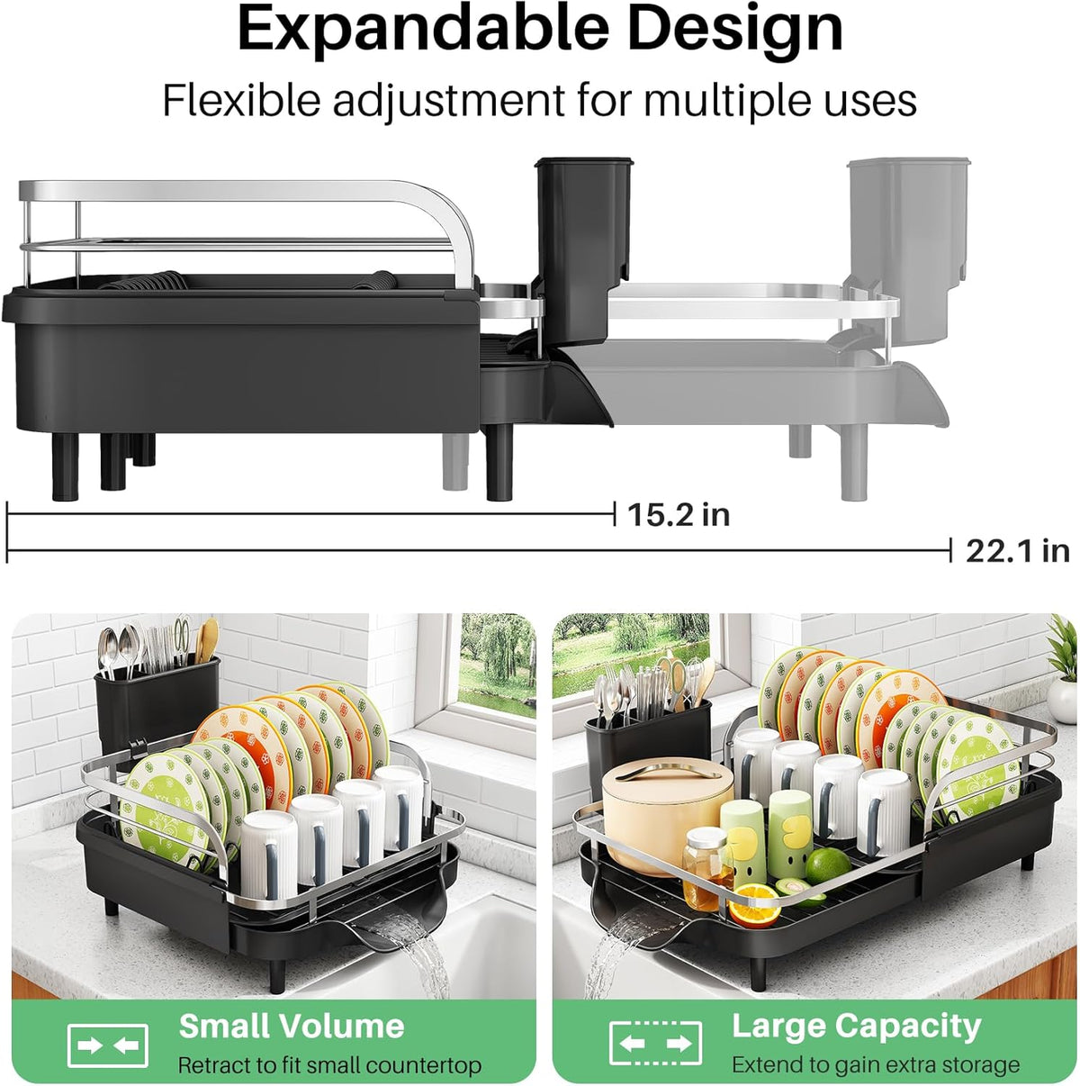 SAYZH Dish Drying Rack - Expandable Dish Rack for Kitchen Counter, Rust-Resistant Dish Drainer with