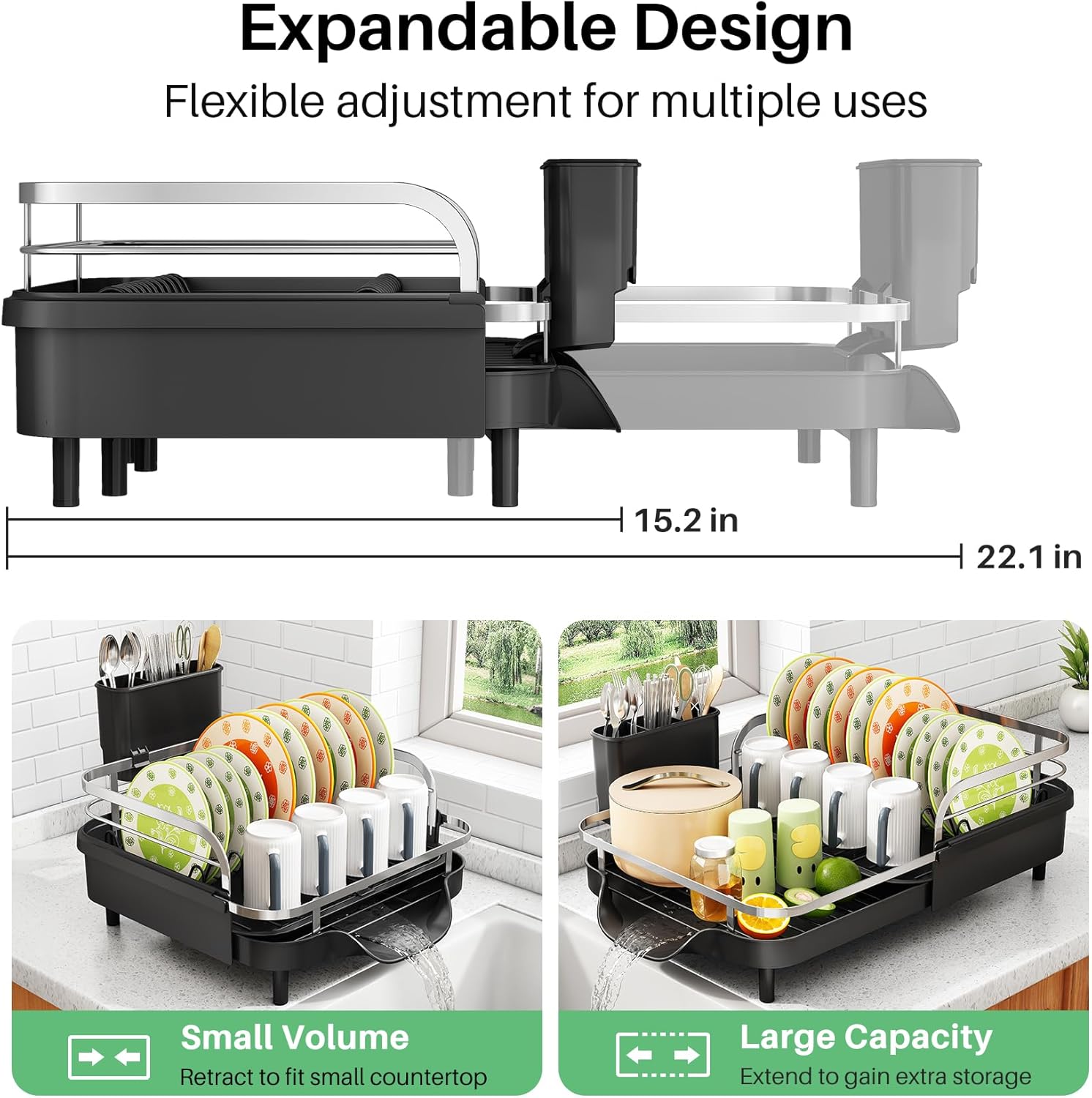 SAYZH Dish Drying Rack - Expandable Dish Rack for Kitchen Counter, Rust-Resistant Dish Drainer with