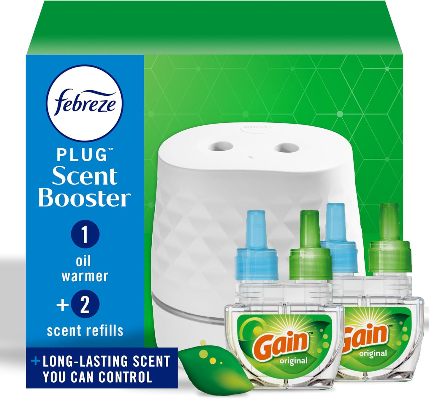 Febreze Plug Scent Booster Starter Kit, Oil Diffuser, Air Freshener Plug in, Continuous Scent