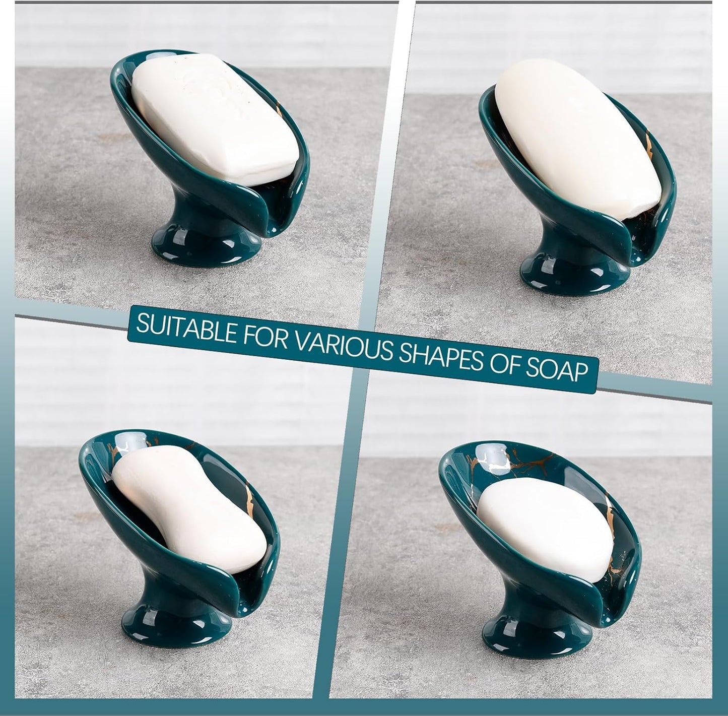 Soap Dish, Ceramic Soap Holder Self Draining Leaf Shape Bar Soap Holder, Marble Look Green Drain