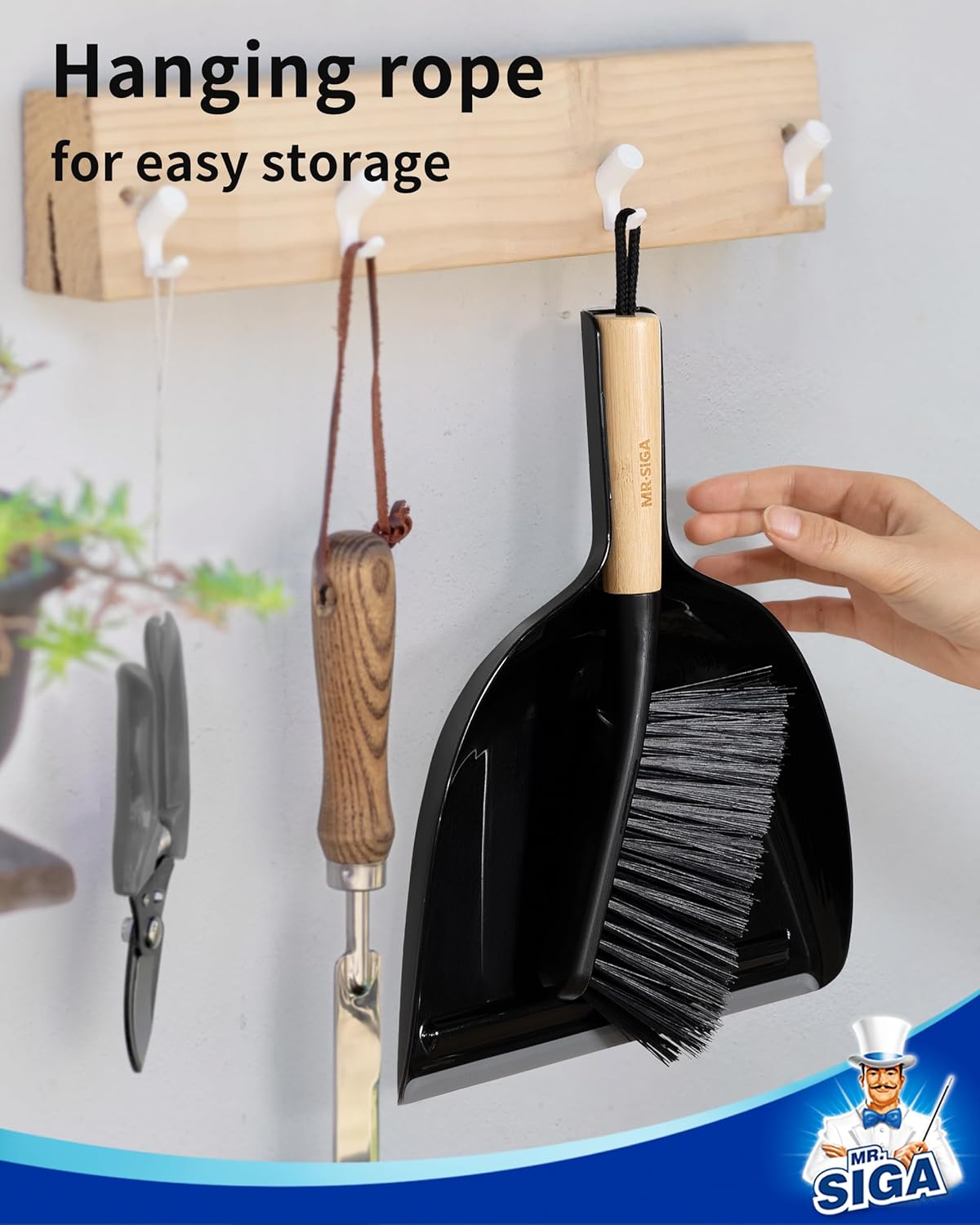 MR.SIGA Dustpan and Brush Set, Portable Cleaning Brush and Dustpan Combo with Bamboo Handle, Black