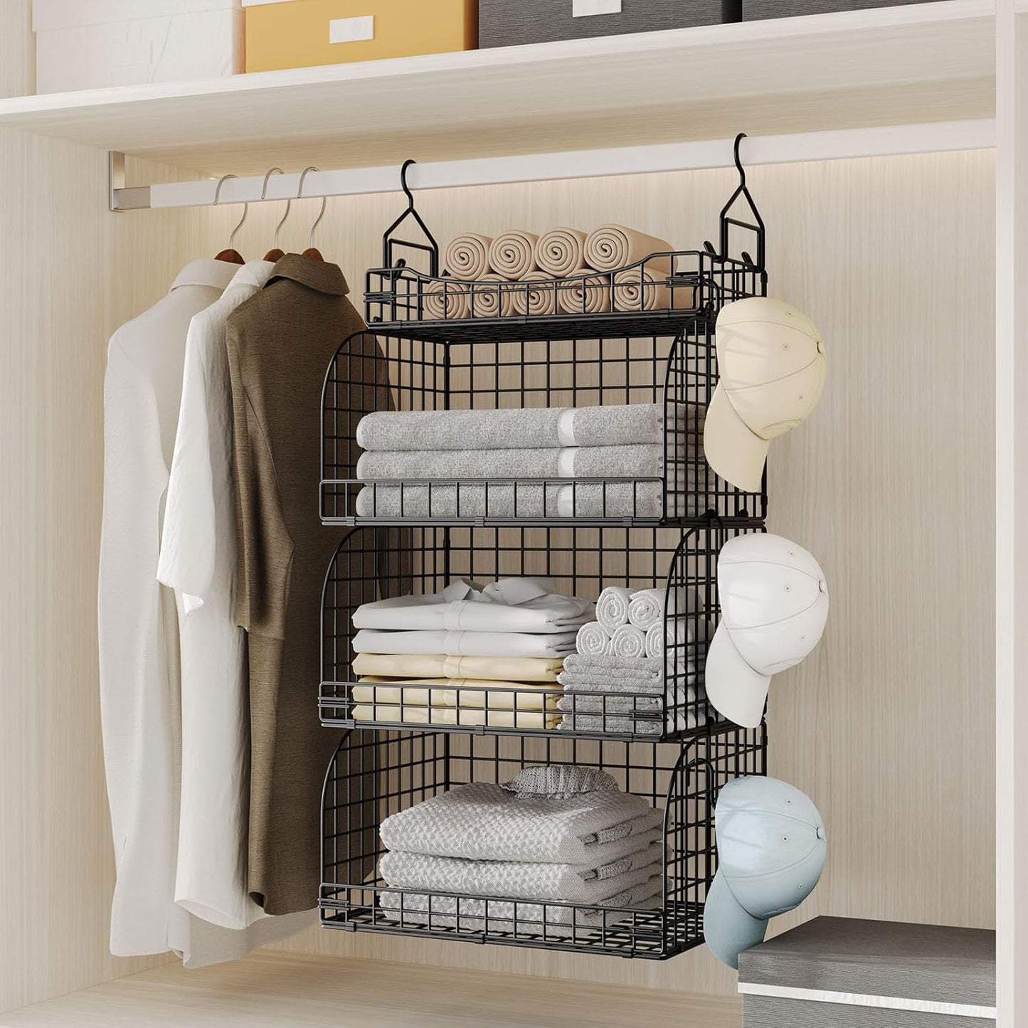 HapiRm Hanging Closet Organizer Storage - 4 Tier Metal Stackable Hanging Closet Shelves with
