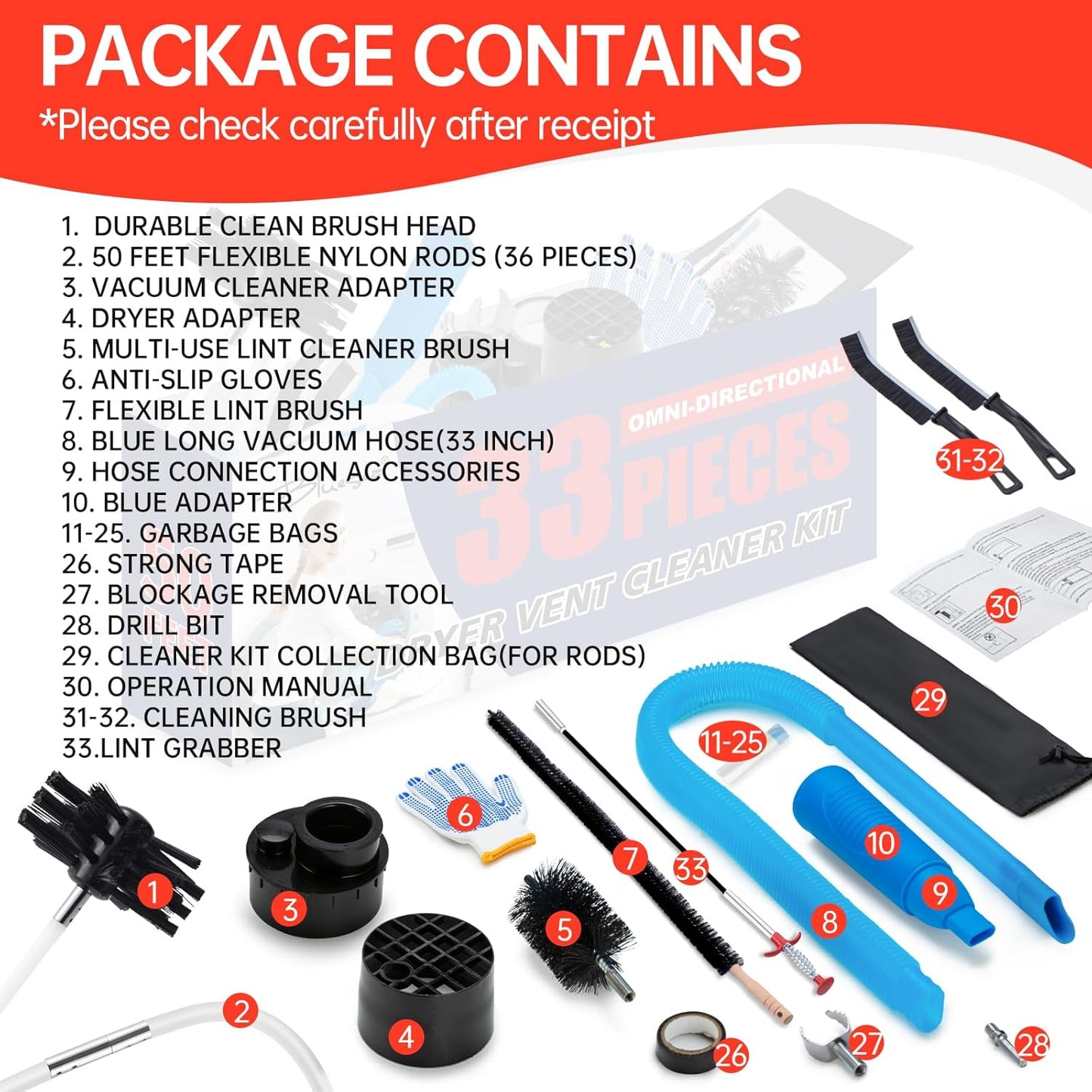 Dryer Vent Cleaner Kit, Bluesea 33-Piece Omnidirectional Dryer Cleaning Kit Include 50 Feet Dryer