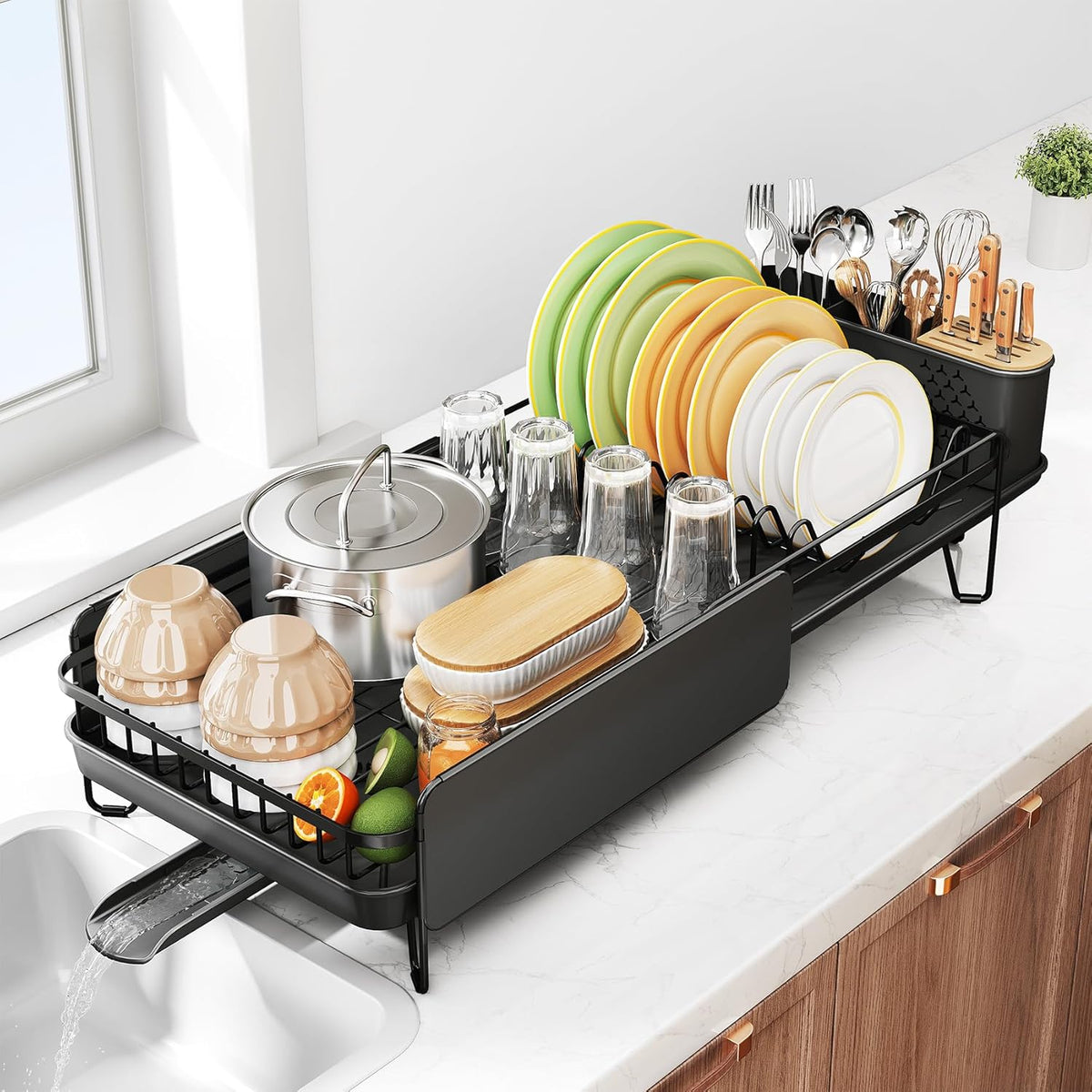 Dish Drying Rack - Large Dish Racks for Kitchen Counter, Expandable Dish Drainers with Cutlery