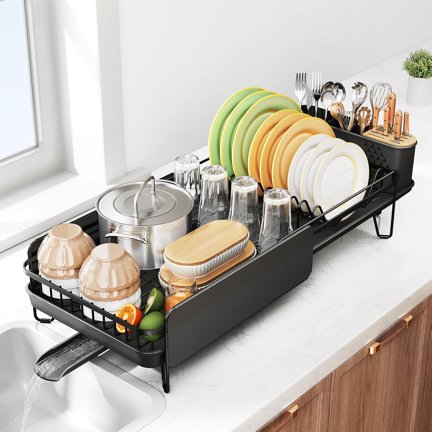 Dish Drying Rack - Large Dish Racks for Kitchen Counter, Expandable Dish Drainers with Cutlery