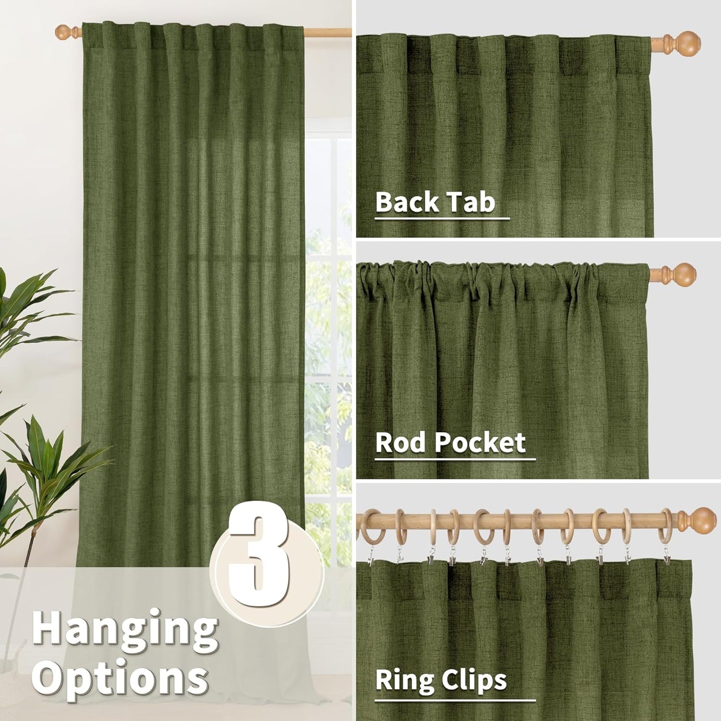 YoungsTex Olive Green Linen Curtains for Living Room 84 Inch Length, Semi Sheer Drapes with Rod
