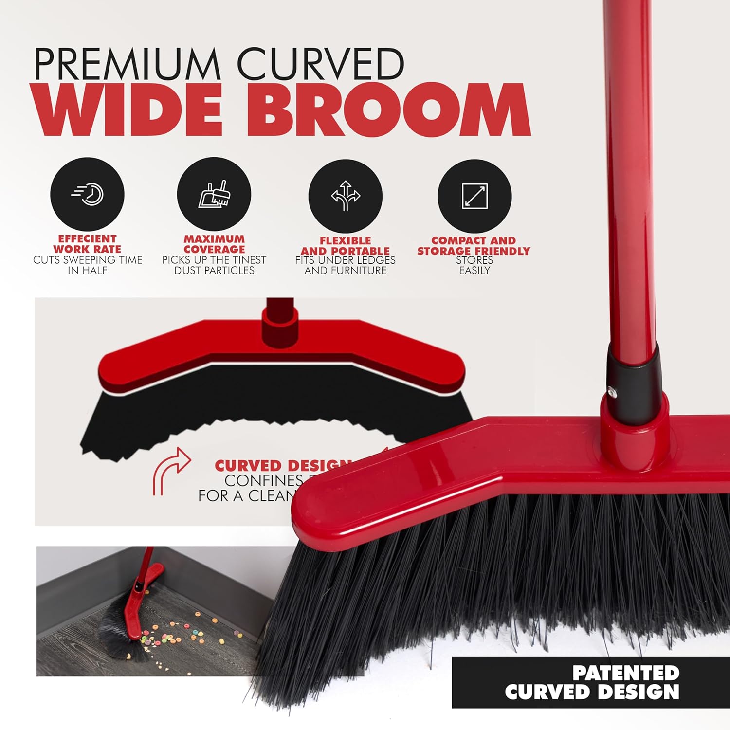Da Vinci Curved Angle Broom 1pc - Sturdy Wide Broom for Indoor/Outdoor Sweeping, Heavy Duty Steel