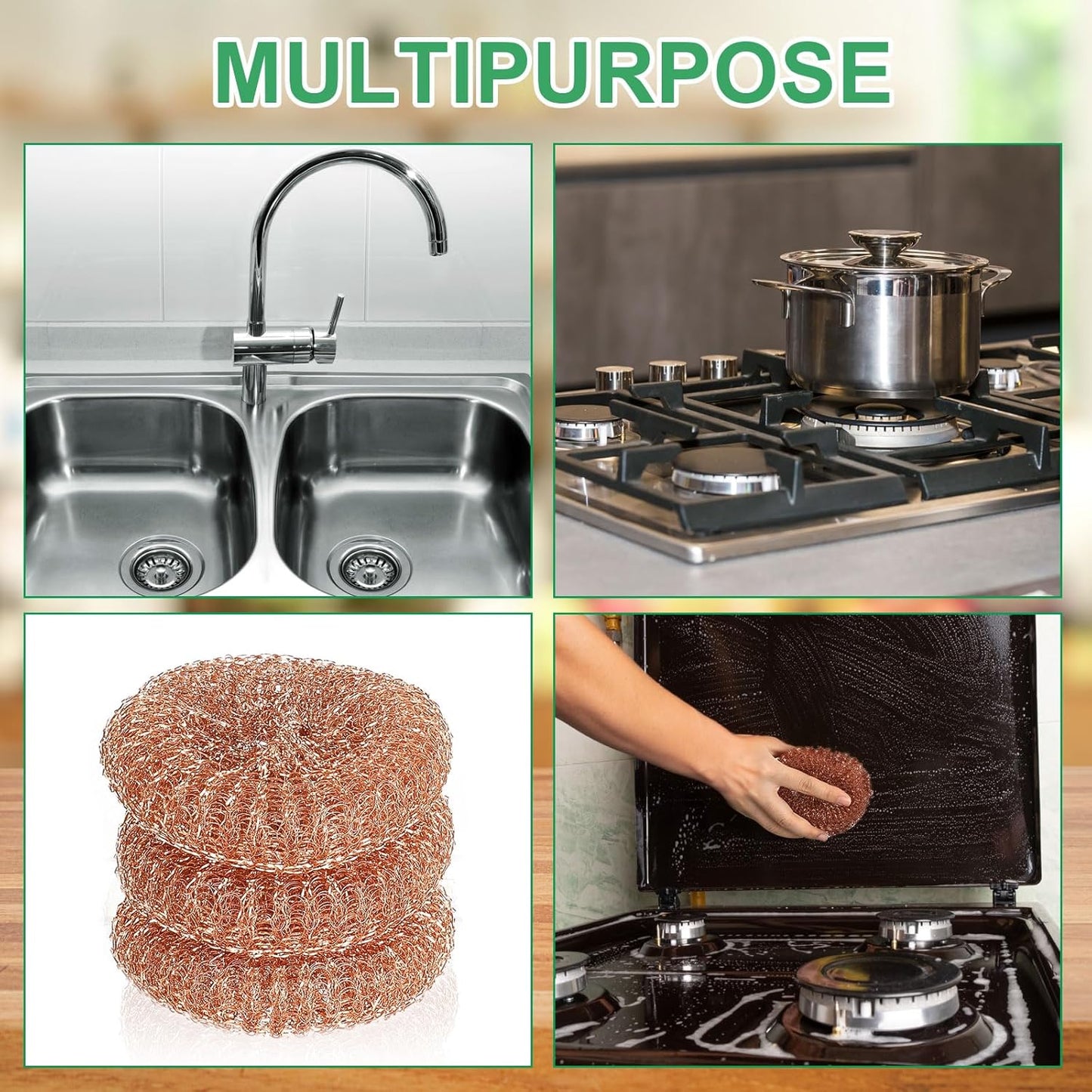 Hushee 50 Pack Copper Coated Scourers Rust Resistant Scrubbing Scouring Pad with 1 Pair of Rubber