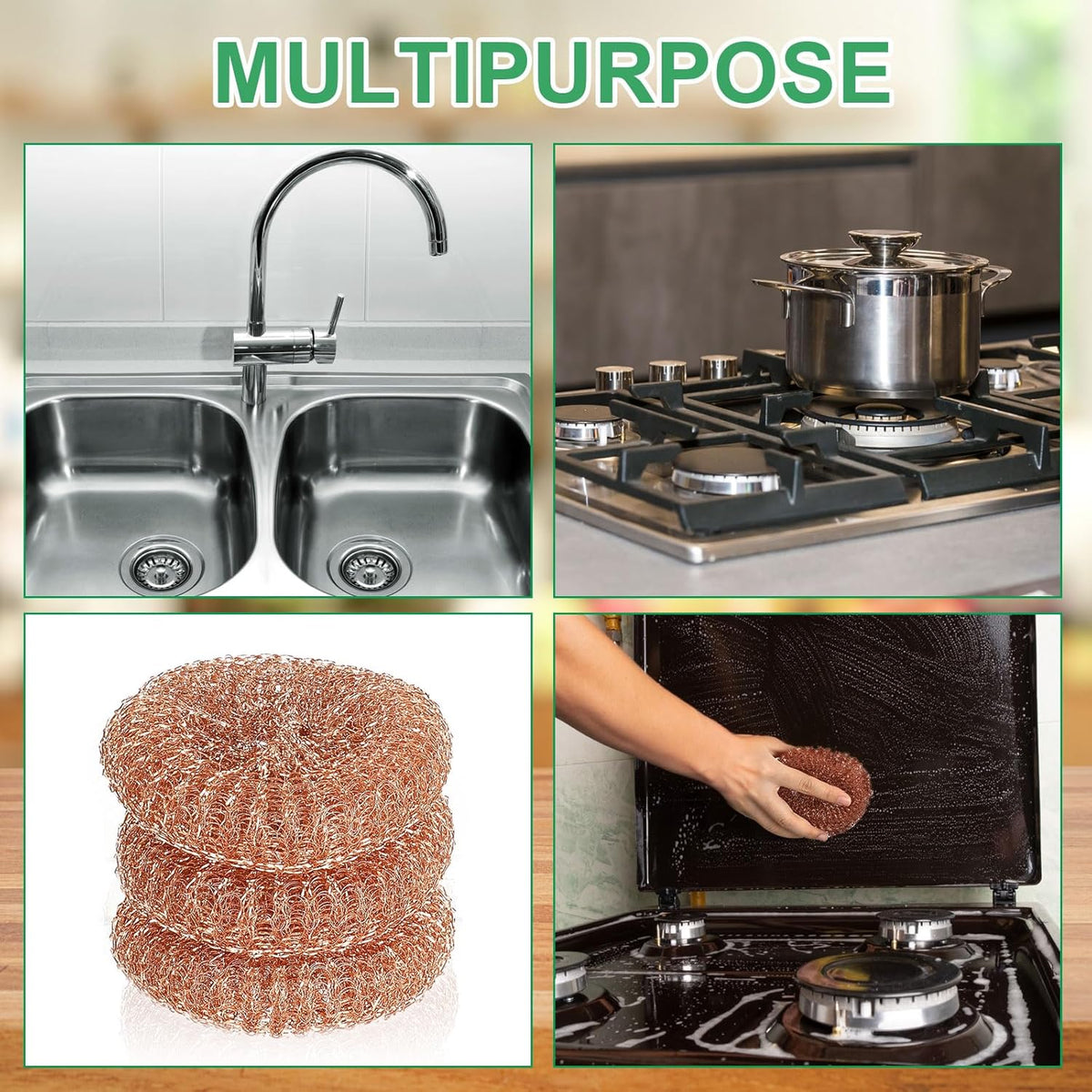 Hushee 50 Pack Copper Coated Scourers Rust Resistant Scrubbing Scouring Pad with 1 Pair of Rubber