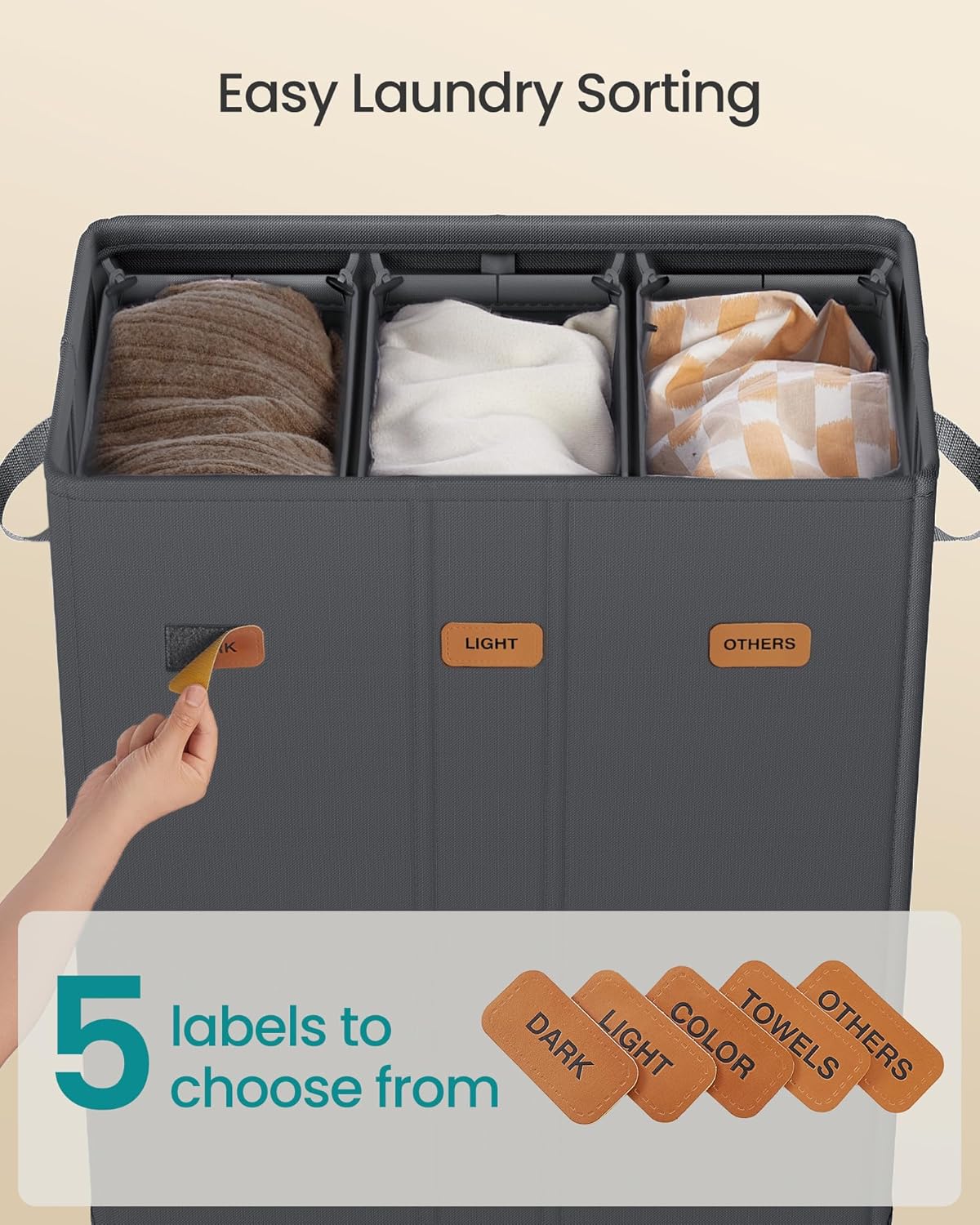 SONGMICS 42.2 Gallon (160 L) Laundry Hamper, 3-Compartment Laundry Basket Sorter with Lid, Labels
