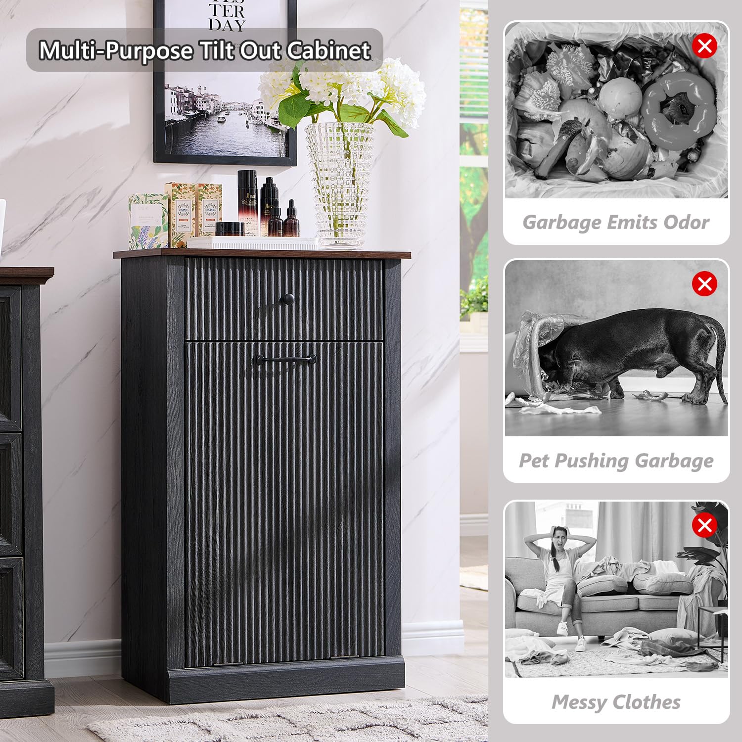 Modern Tilt-Out Trash Can Cabinet, 10 Gallon Fluted Laundry Hamper Cabinet with Drawers, Wooden