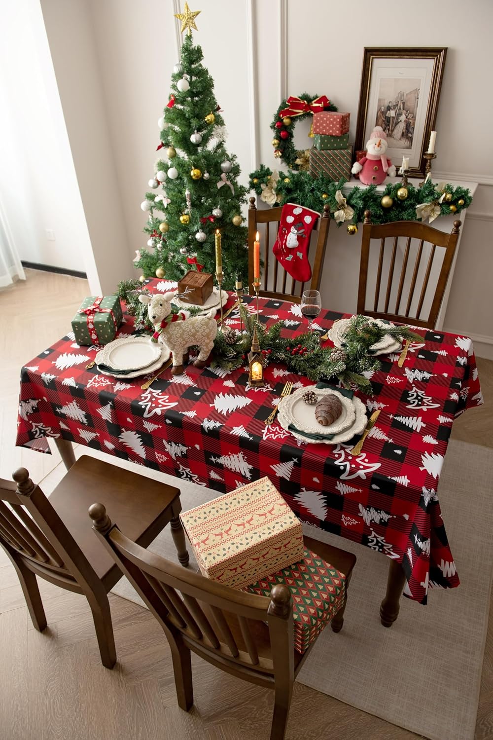 Waterproof Checkered Tablecloth Fabric - Rectangle 58x84 Inch Christmas Tree Table Cloth for