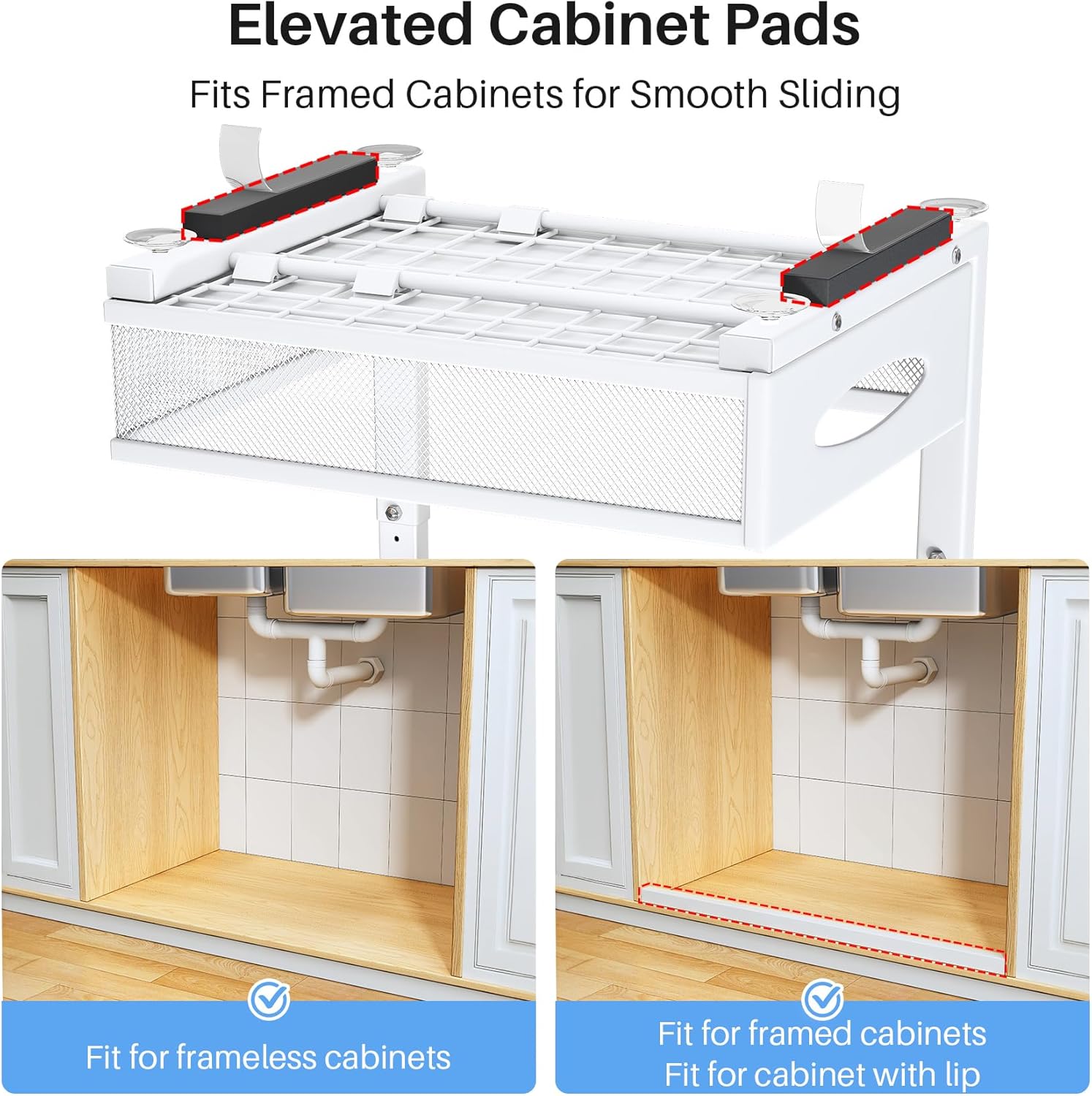 Under Sink Organizer, 2 Tier Pull Out Under Cabinet Organizer Shelf with Pad for Framed Cabinets
