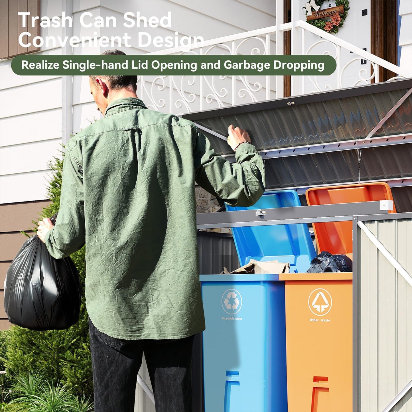 Aoxun 80 CU.FT Outdoor Storage Shed Metal Trash Can Storage with Chain Lid Waterproof Outdoor