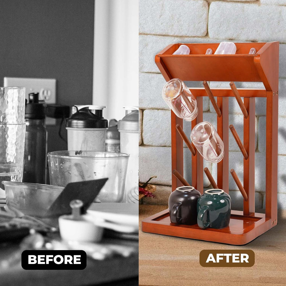 Brown Vertical Bottle Drying Rack Rubber Wood 9 Hooks, Use for Bottles, Cups, Mugs, Glasswine