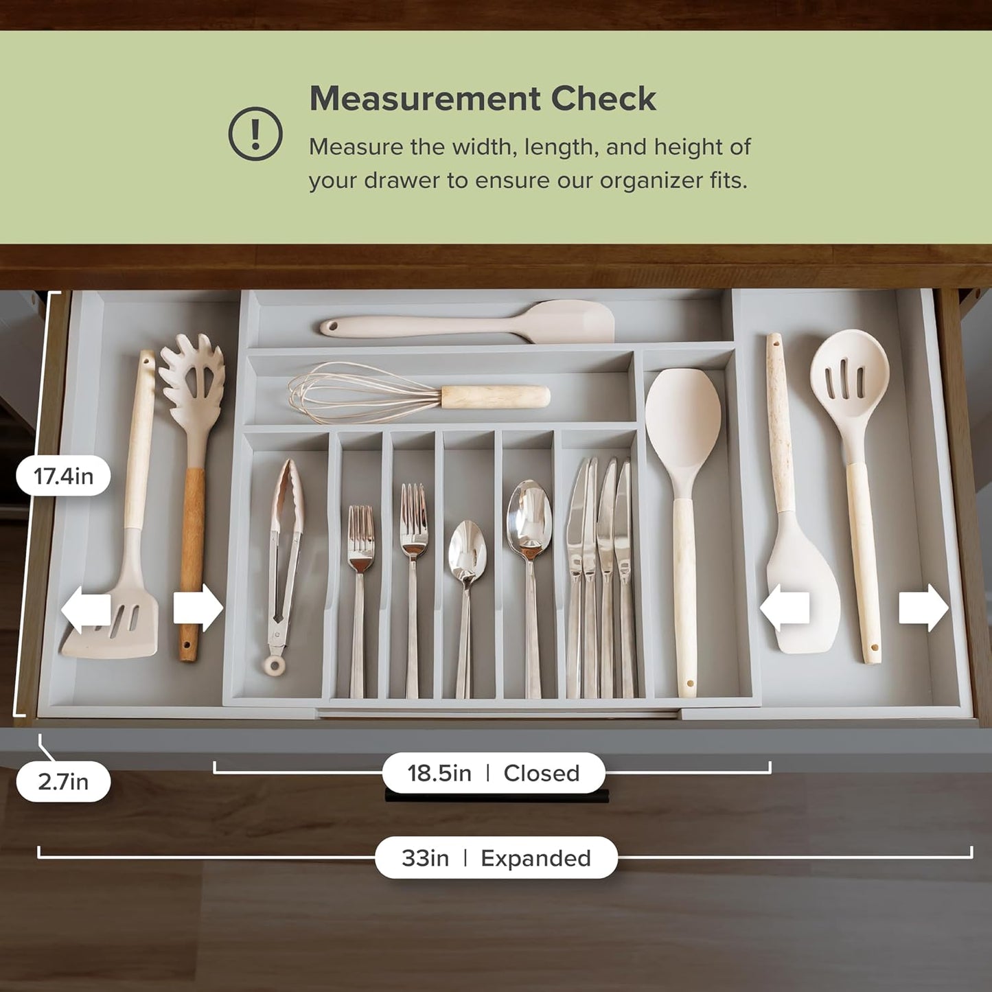 KitchenEdge Premium Silverware, Flatware and Utensil Organizer for Kitchen Drawers, Food-Safe